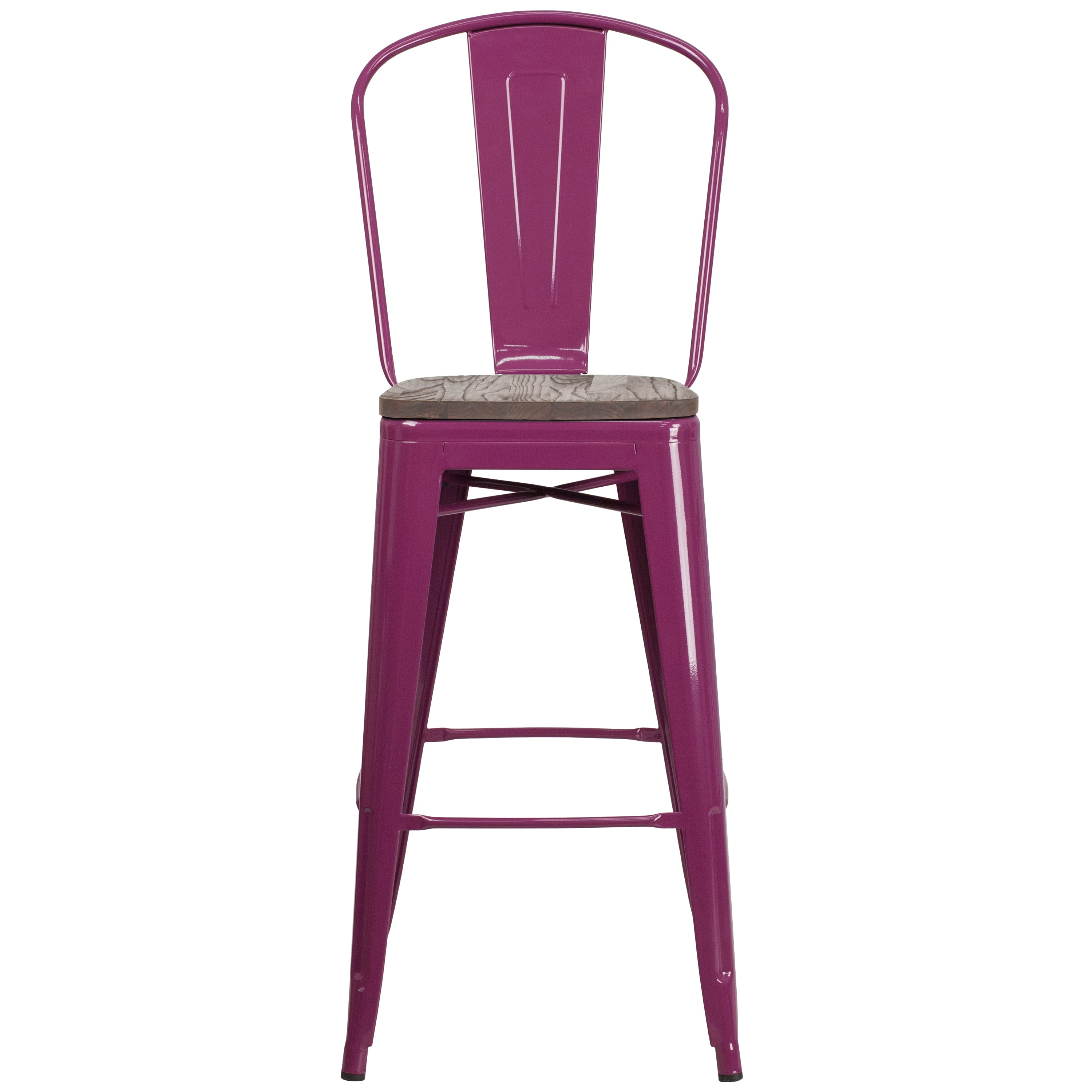 Cindy 30" High Purple Metal Barstool with Back and Wood Seat