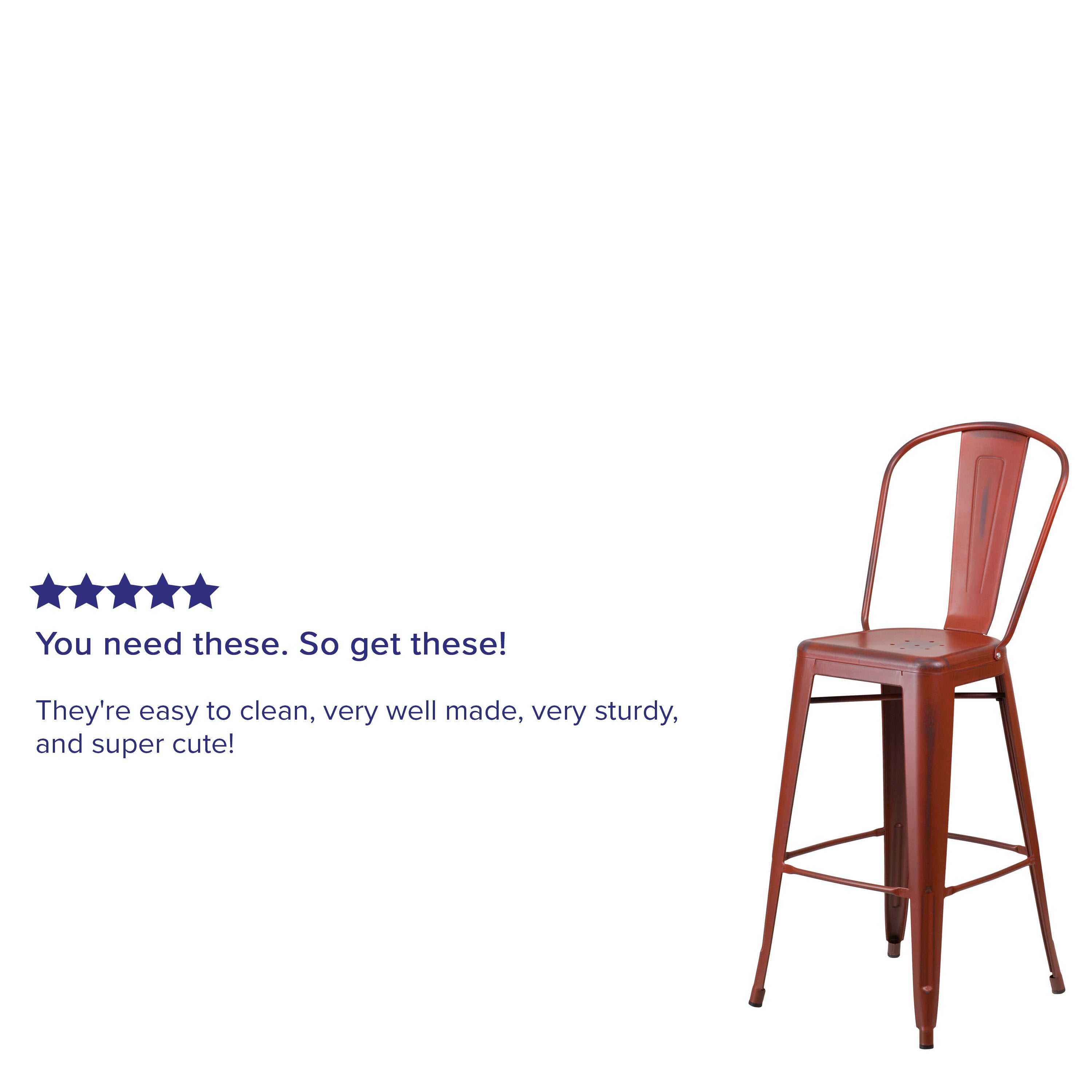 Cindy Commercial Grade 30" High Distressed Kelly Red Metal Indoor-Outdoor Barstool with Back