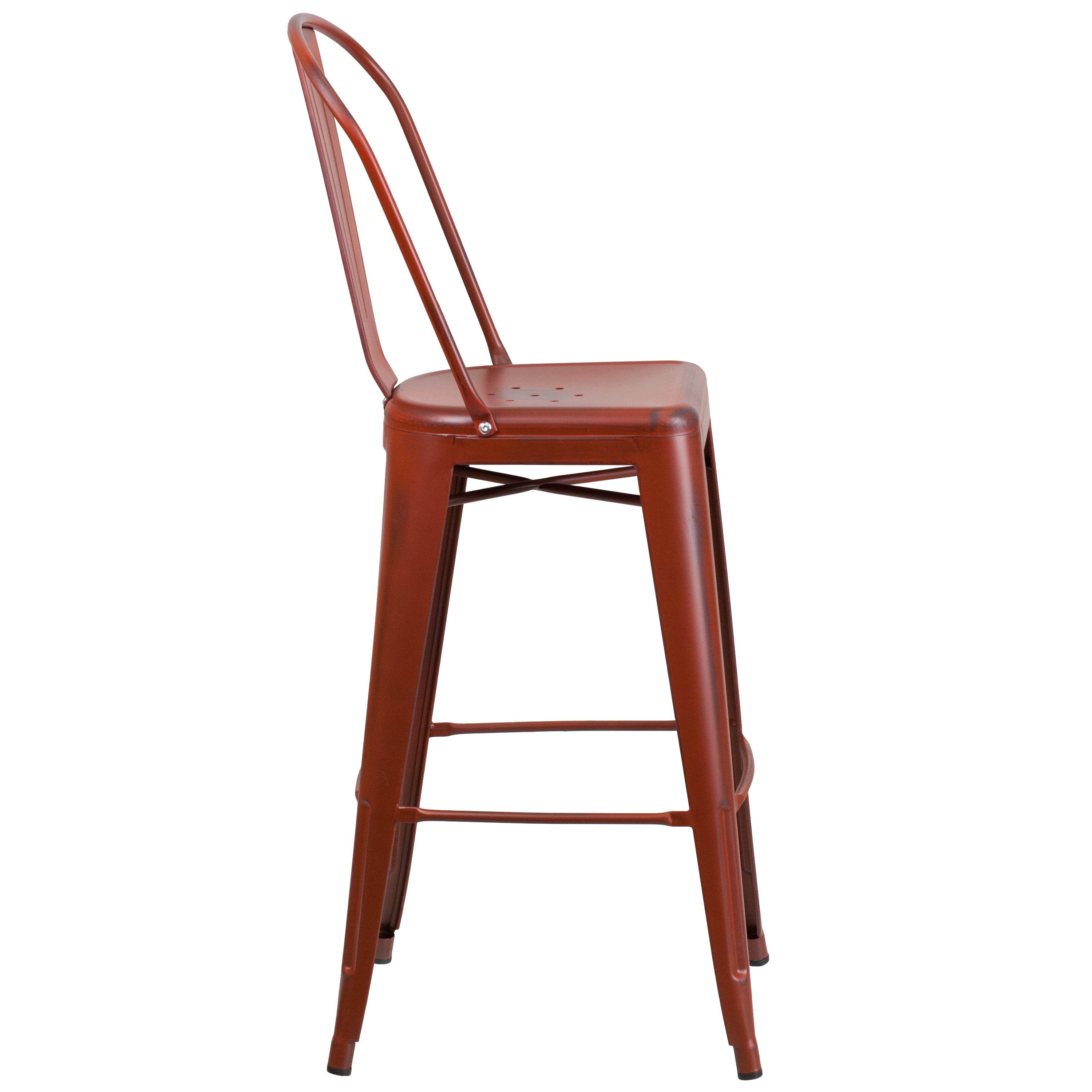 Cindy Commercial Grade 30" High Distressed Kelly Red Metal Indoor-Outdoor Barstool with Back