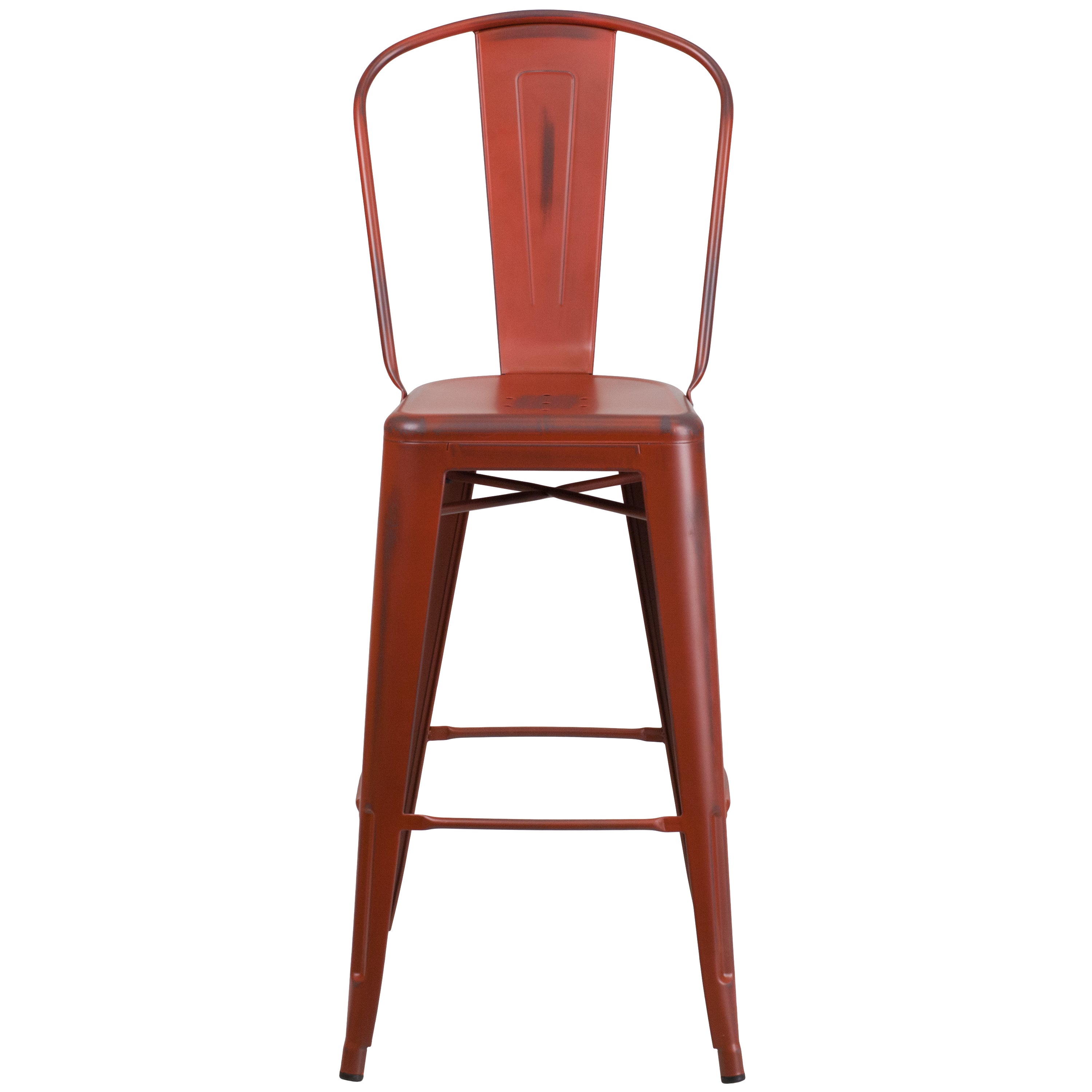 Cindy Commercial Grade 30" High Distressed Kelly Red Metal Indoor-Outdoor Barstool with Back