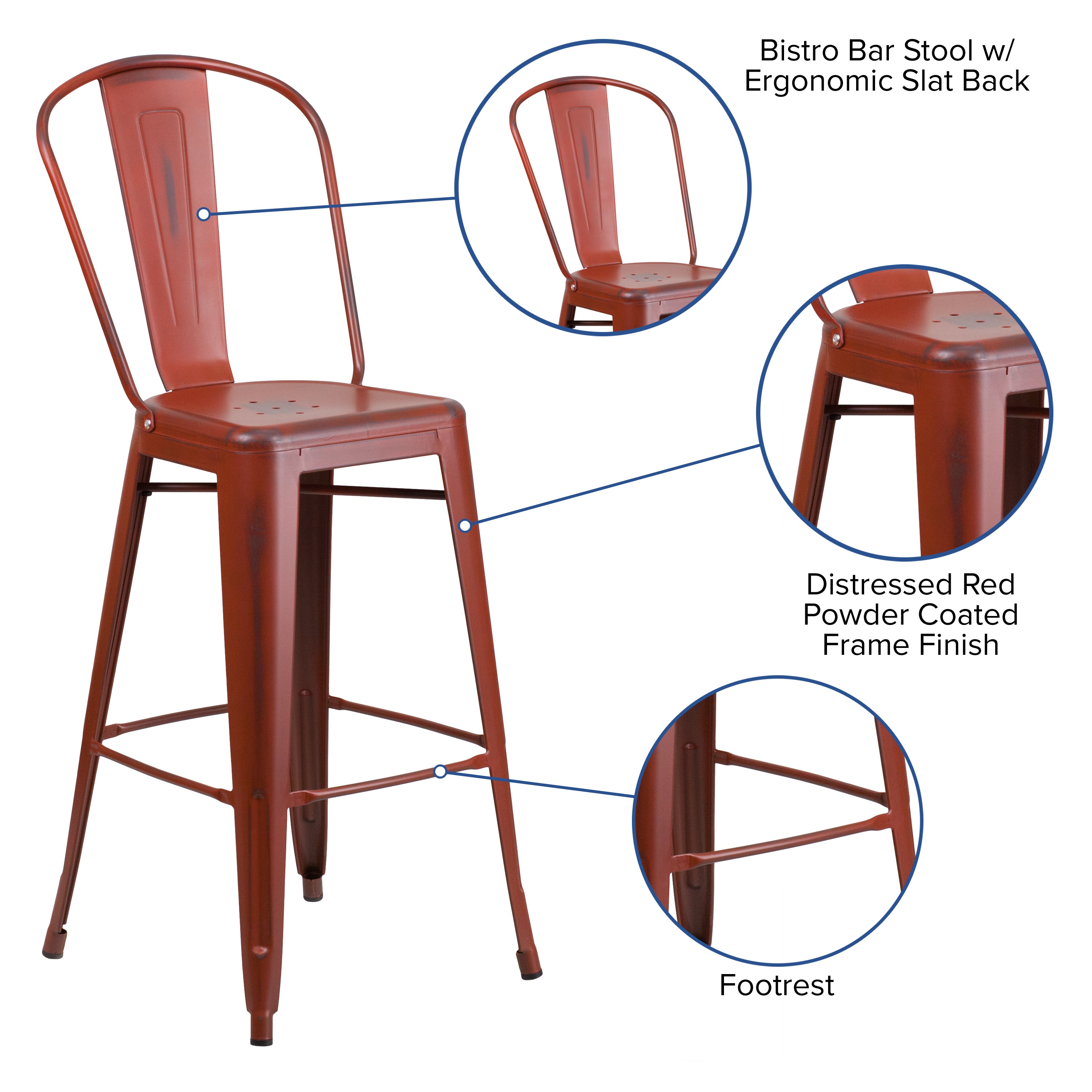 Cindy Commercial Grade 30" High Distressed Kelly Red Metal Indoor-Outdoor Barstool with Back