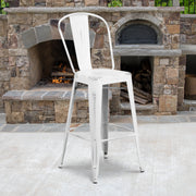 Cindy Commercial Grade 30" High Distressed White Metal Indoor-Outdoor Barstool with Back