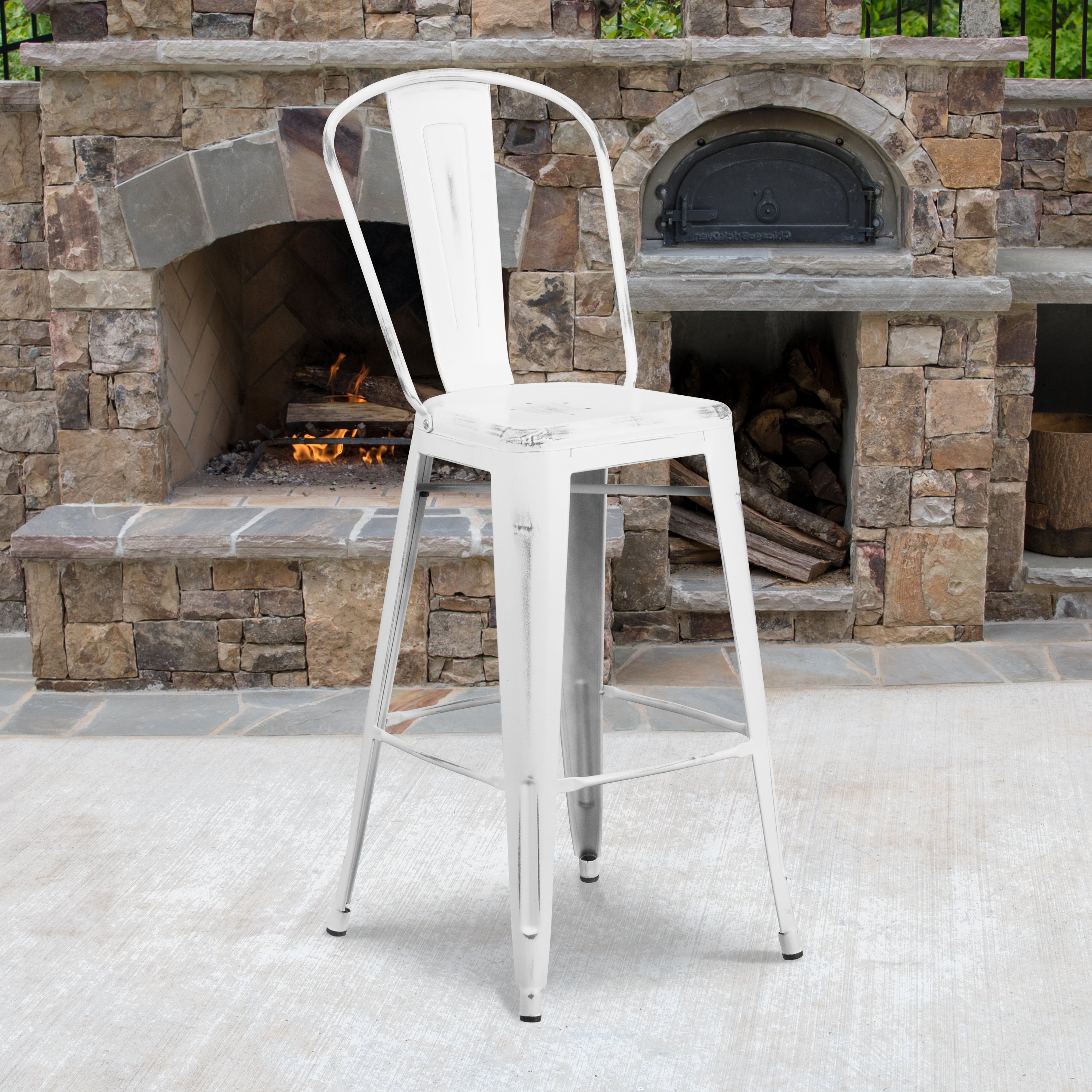 Cindy Commercial Grade 30" High Distressed White Metal Indoor-Outdoor Barstool with Back