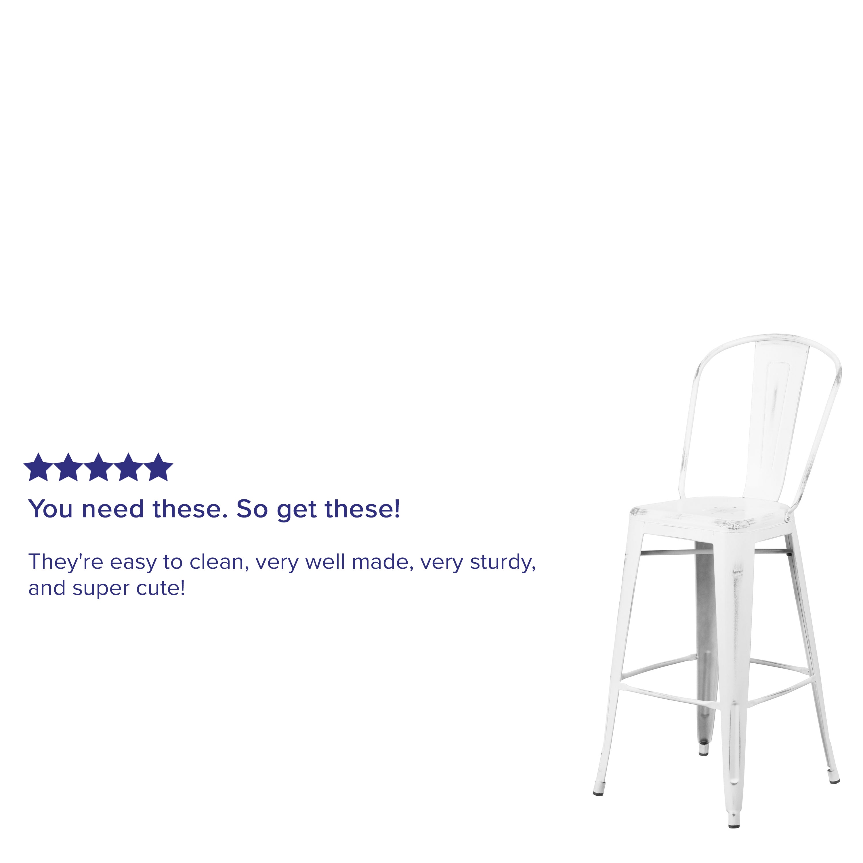 Cindy Commercial Grade 30" High Distressed White Metal Indoor-Outdoor Barstool with Back