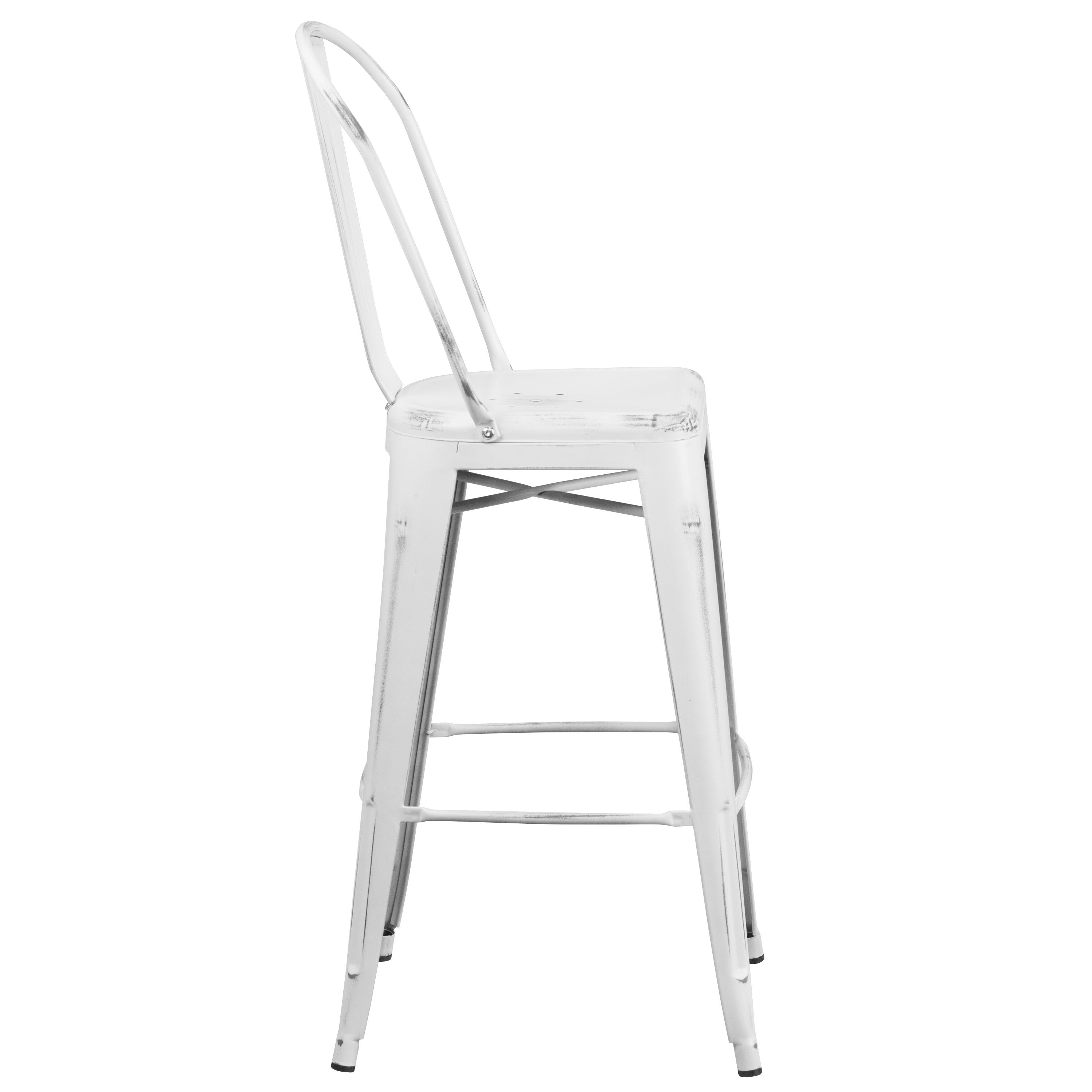 Cindy Commercial Grade 30" High Distressed White Metal Indoor-Outdoor Barstool with Back