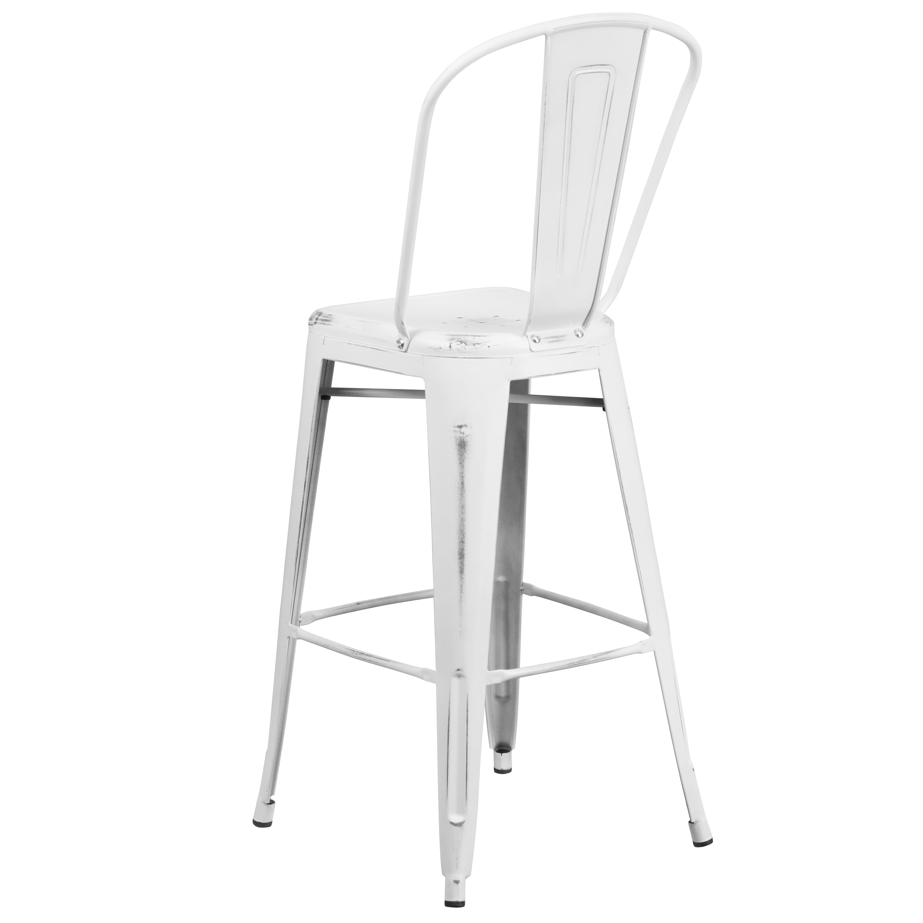 Cindy Commercial Grade 30" High Distressed White Metal Indoor-Outdoor Barstool with Back