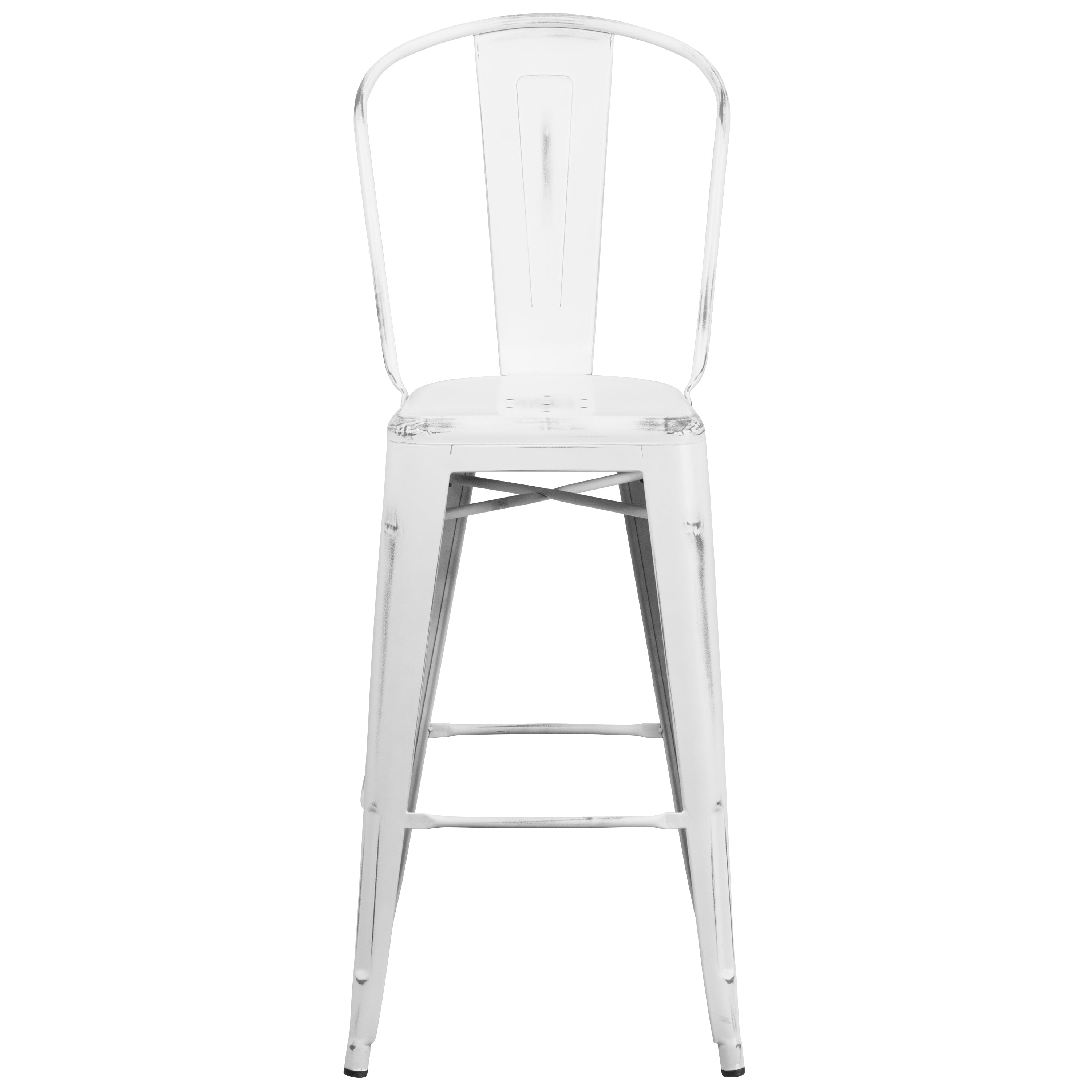 Cindy Commercial Grade 30" High Distressed White Metal Indoor-Outdoor Barstool with Back