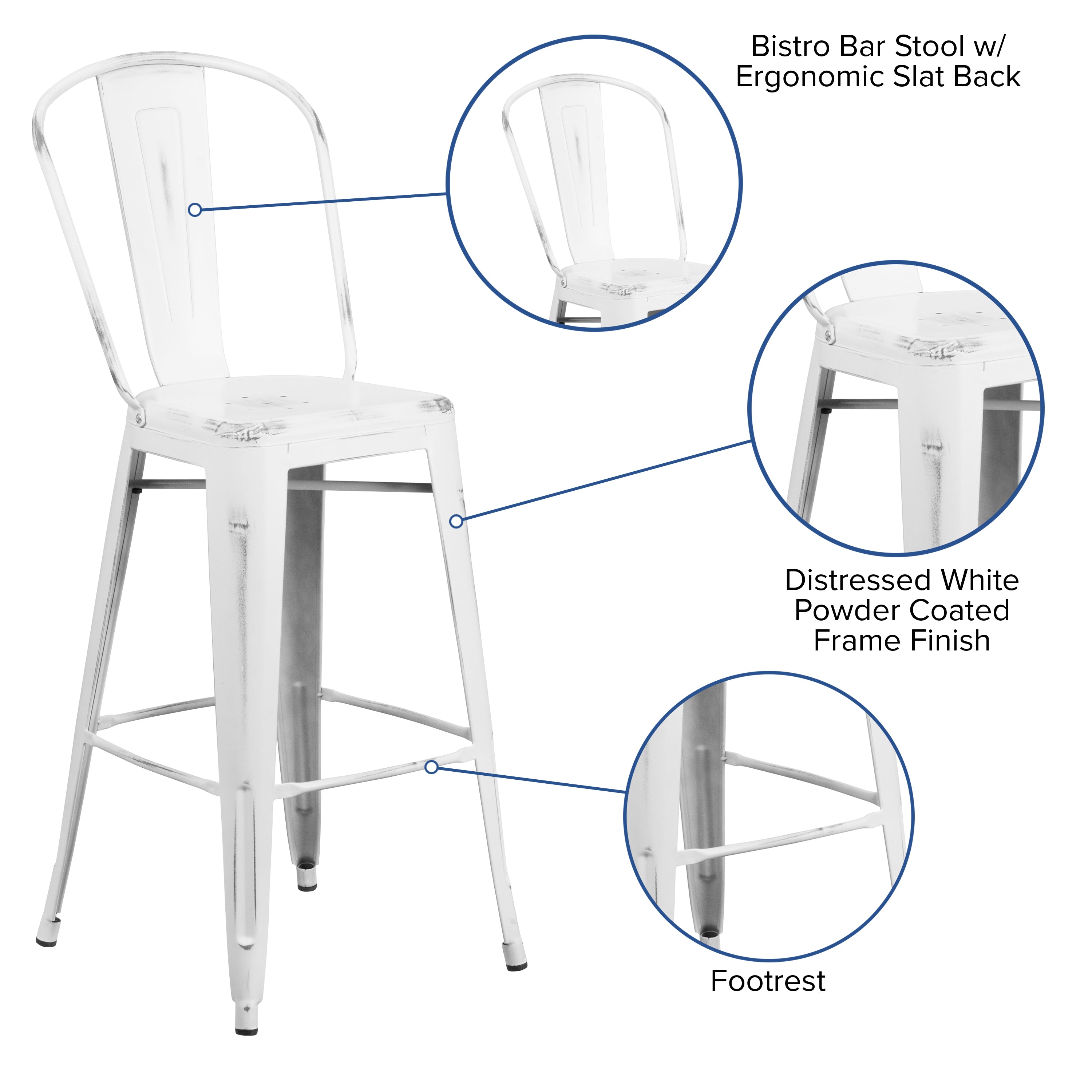 Cindy Commercial Grade 30" High Distressed White Metal Indoor-Outdoor Barstool with Back