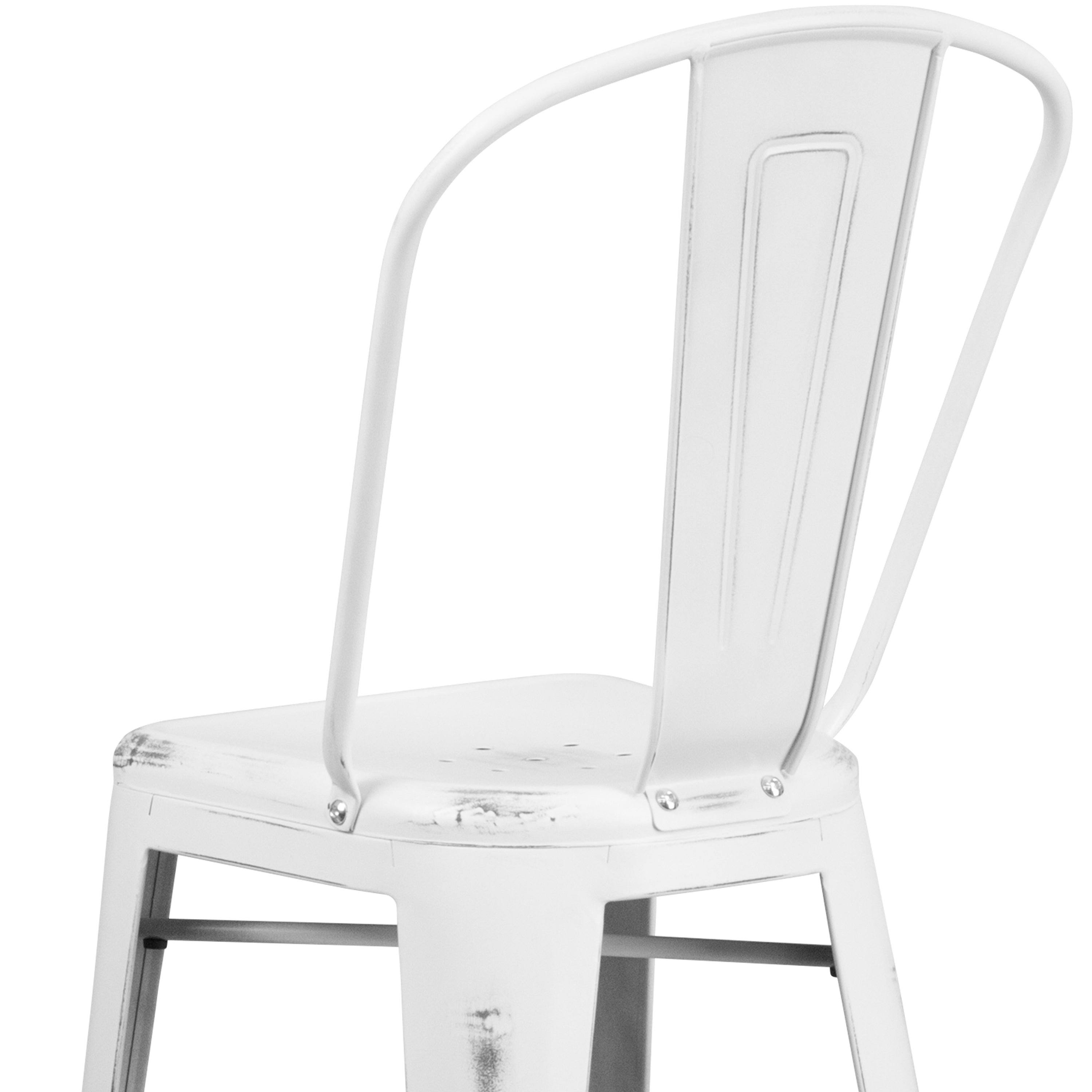 Cindy Commercial Grade 30" High Distressed White Metal Indoor-Outdoor Barstool with Back