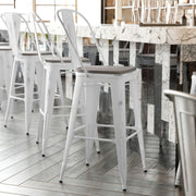 Carly Commercial Grade 30" High White Metal Indoor-Outdoor Barstool with Back with Gray Poly Resin Wood Seat