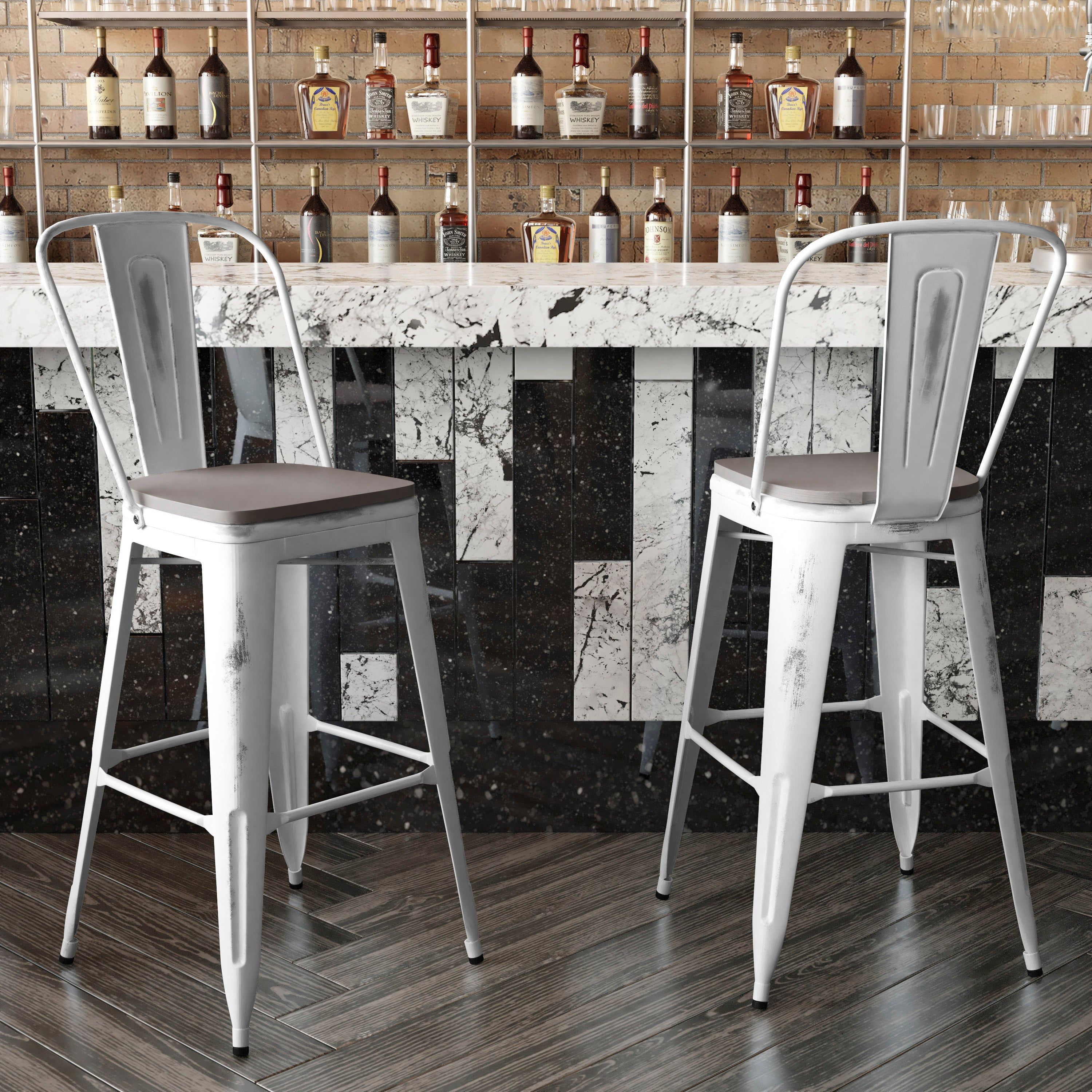 Carly Commercial Grade 30" High White Metal Indoor-Outdoor Barstool with Back with Gray Poly Resin Wood Seat