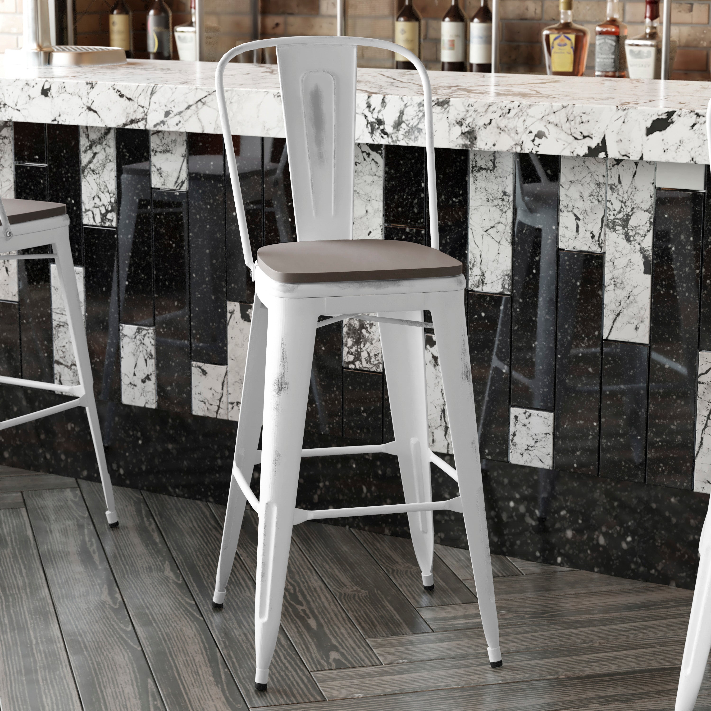 Carly Commercial Grade 30" High White Metal Indoor-Outdoor Barstool with Back with Gray Poly Resin Wood Seat