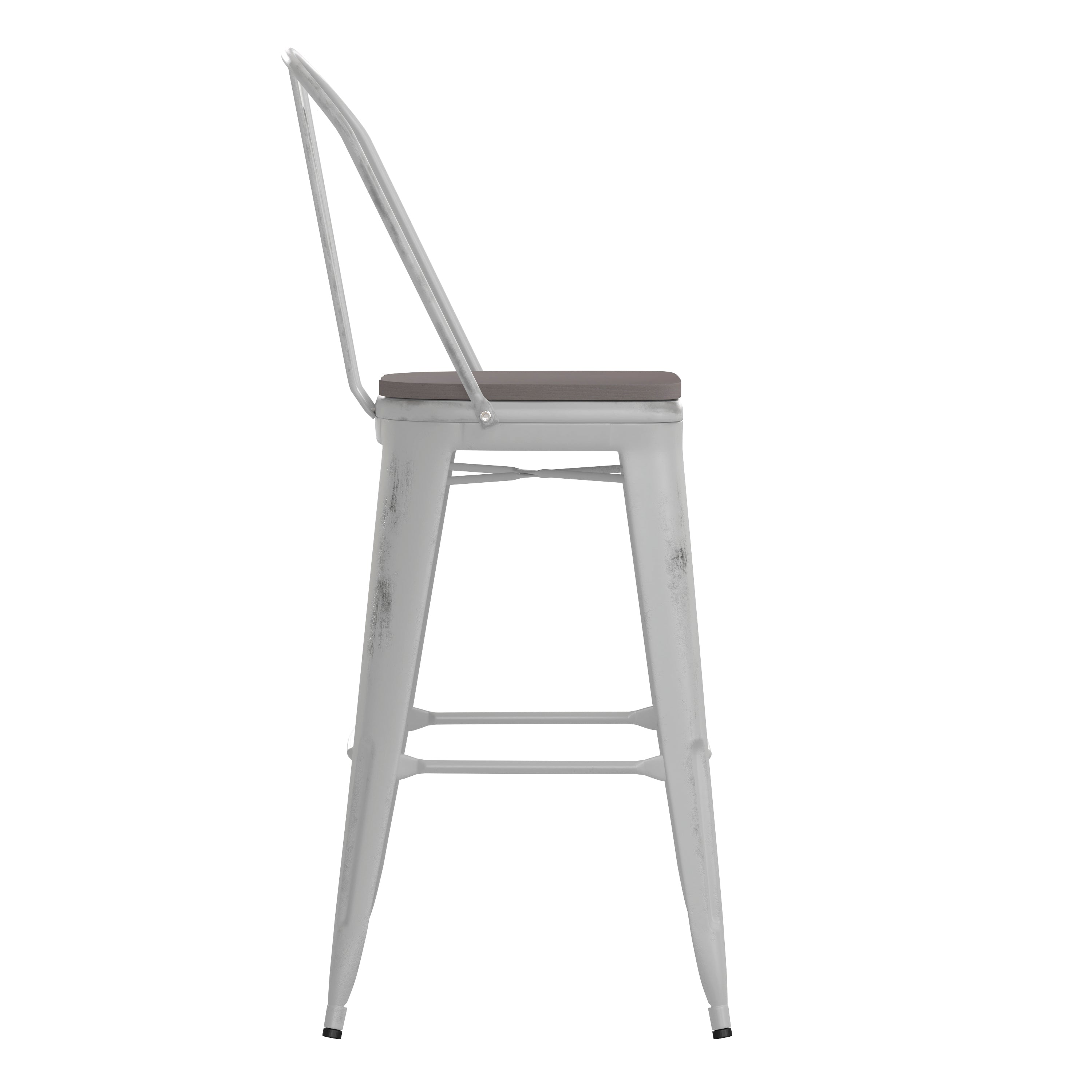 Carly Commercial Grade 30" High White Metal Indoor-Outdoor Barstool with Back with Gray Poly Resin Wood Seat