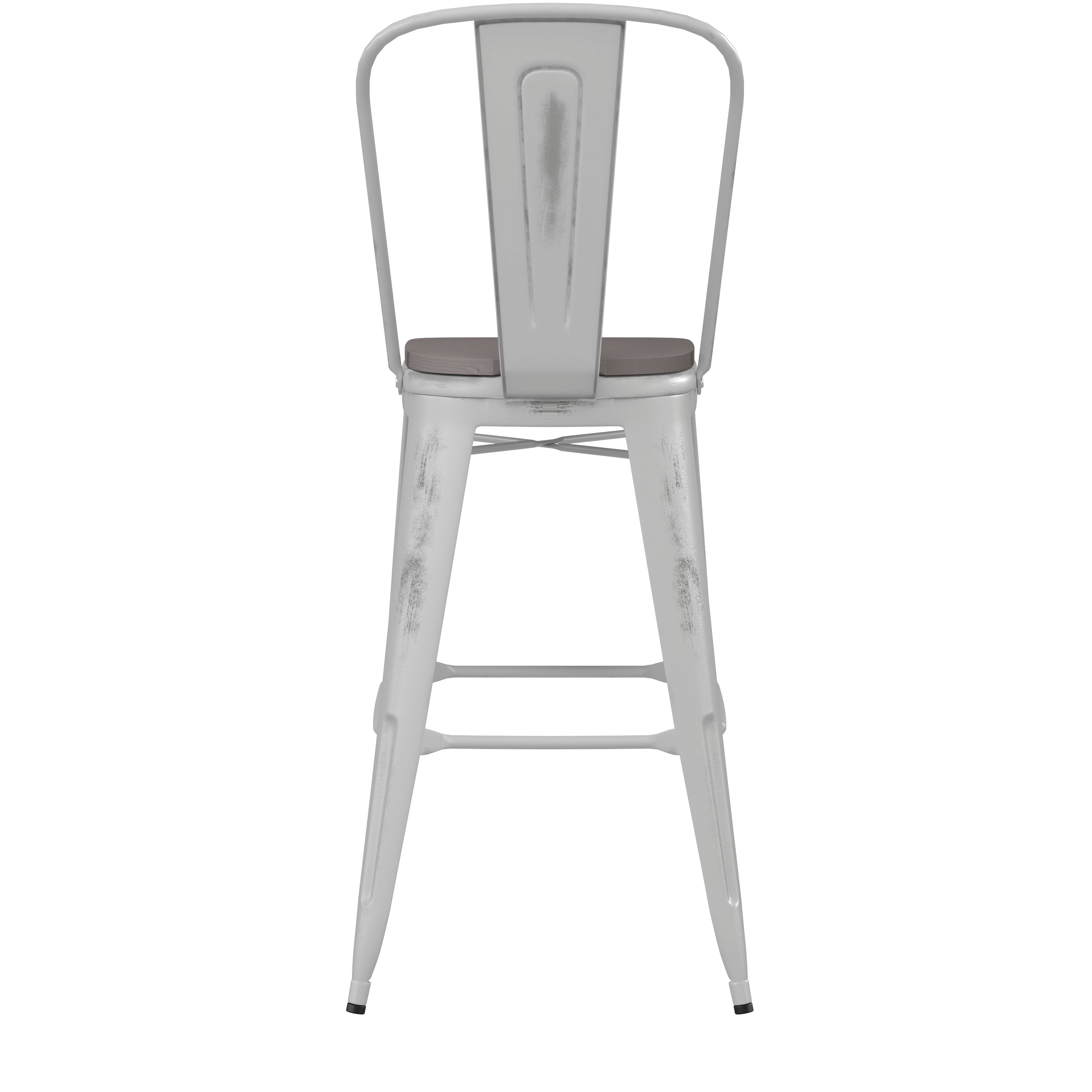 Carly Commercial Grade 30" High White Metal Indoor-Outdoor Barstool with Back with Gray Poly Resin Wood Seat