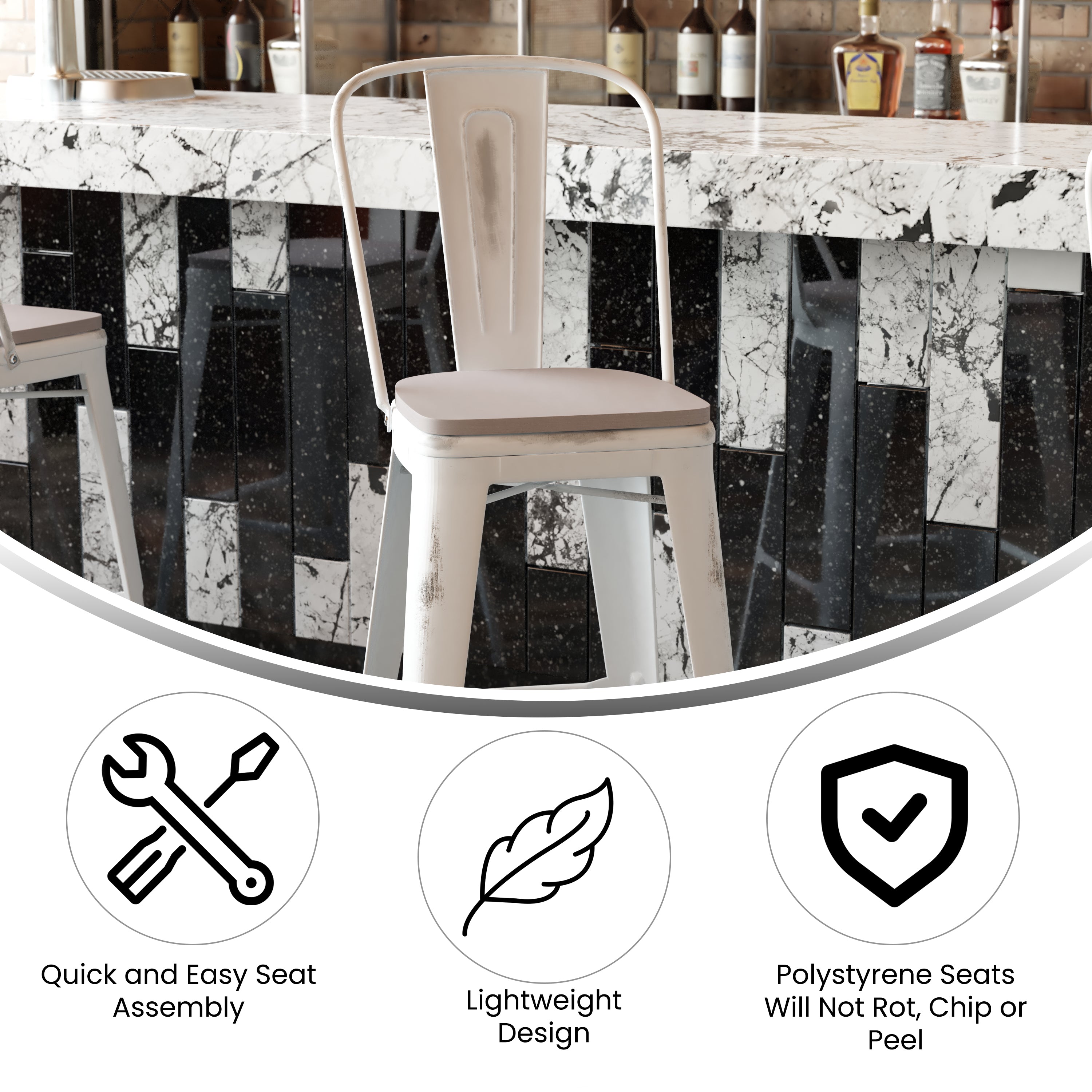 Carly Commercial Grade 30" High White Metal Indoor-Outdoor Barstool with Back with Gray Poly Resin Wood Seat