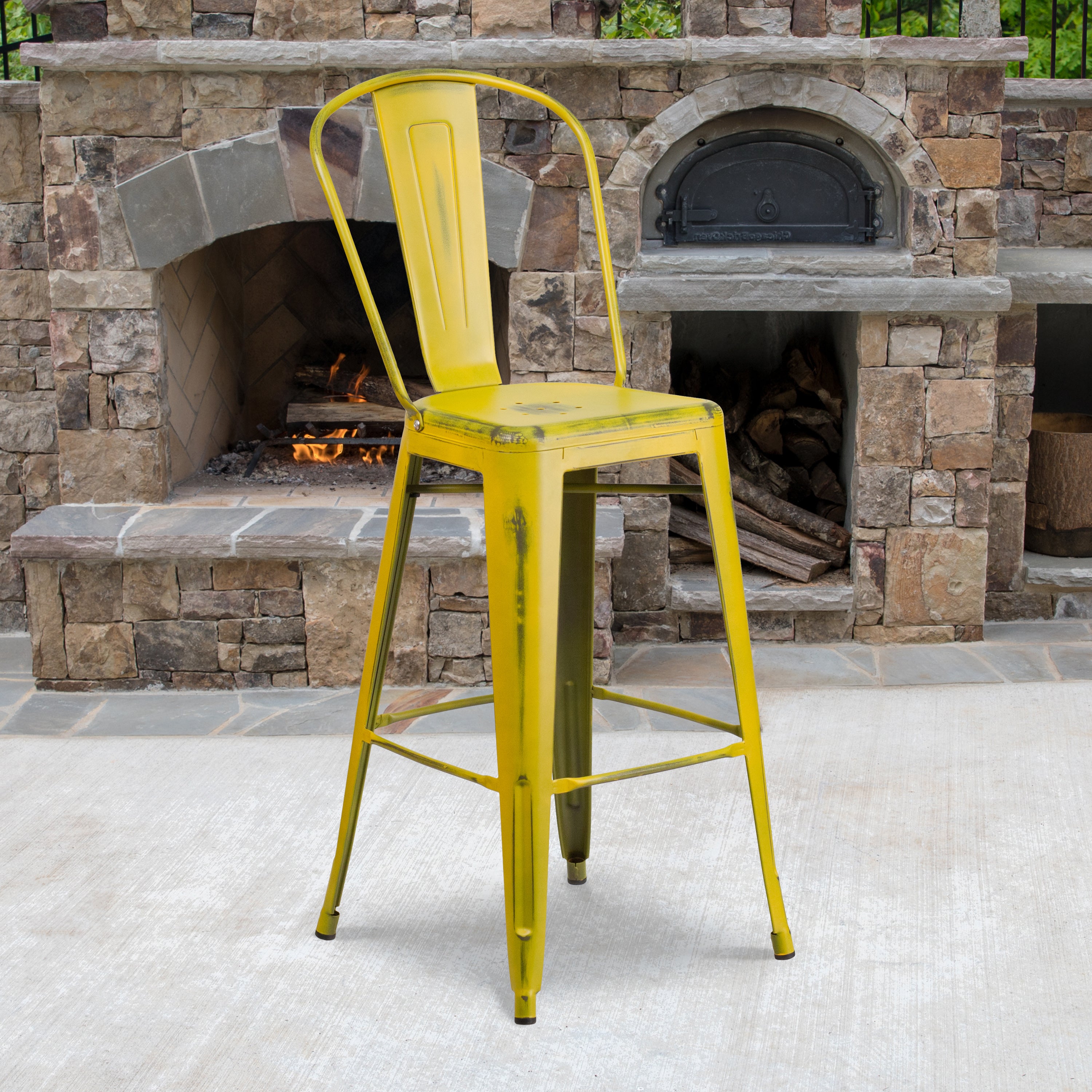 Cindy Commercial Grade 30" High Distressed Yellow Metal Indoor-Outdoor Barstool with Back