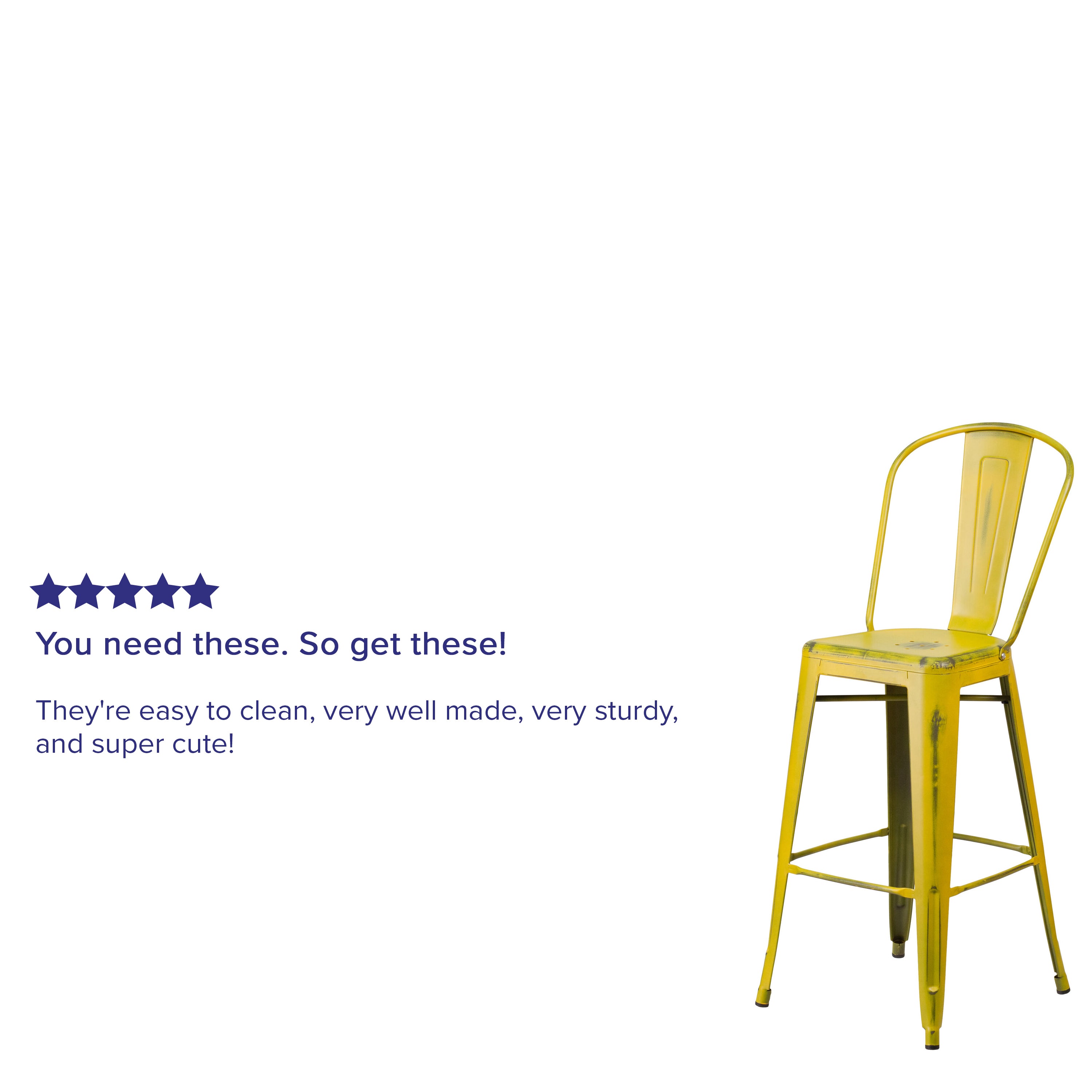 Cindy Commercial Grade 30" High Distressed Yellow Metal Indoor-Outdoor Barstool with Back