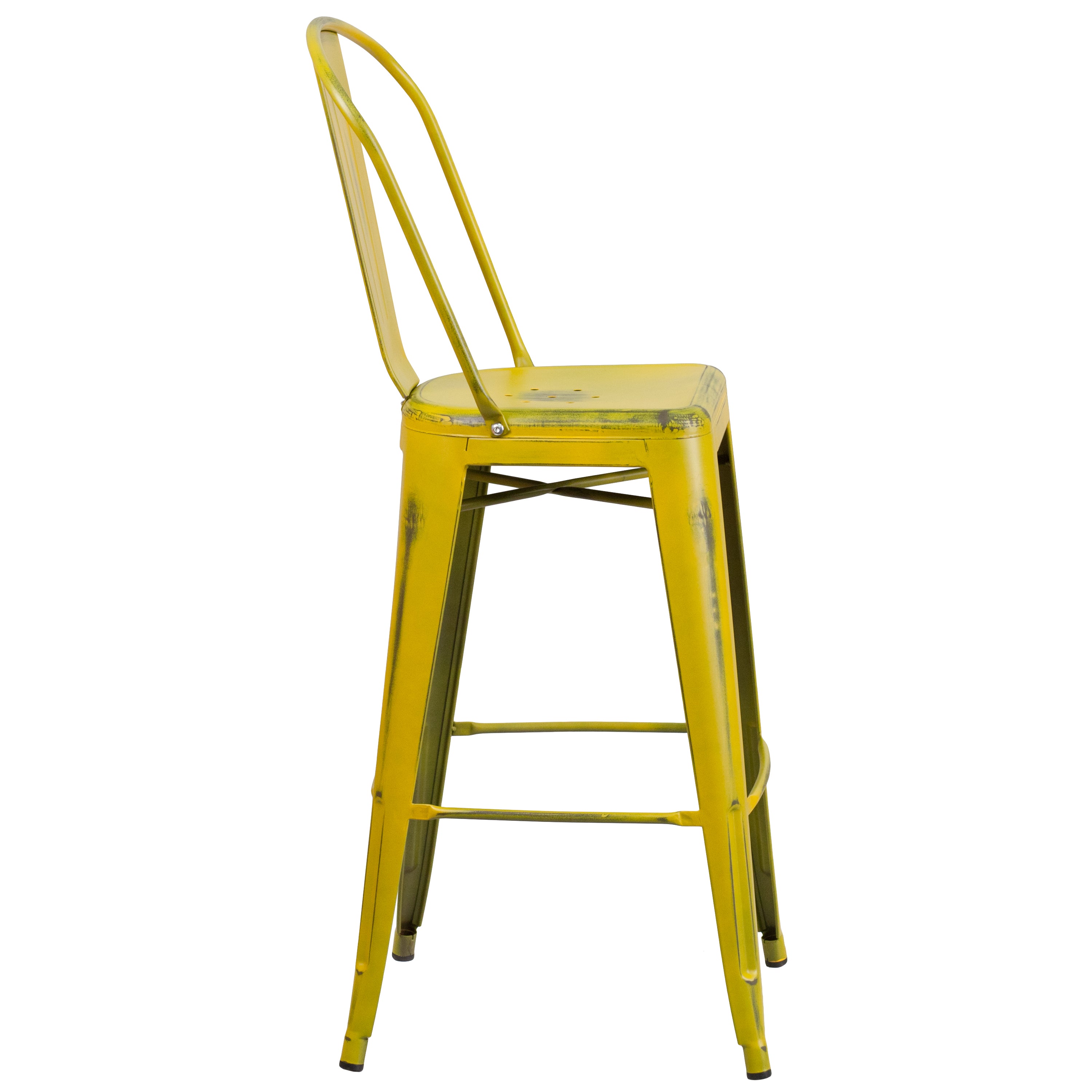 Cindy Commercial Grade 30" High Distressed Yellow Metal Indoor-Outdoor Barstool with Back