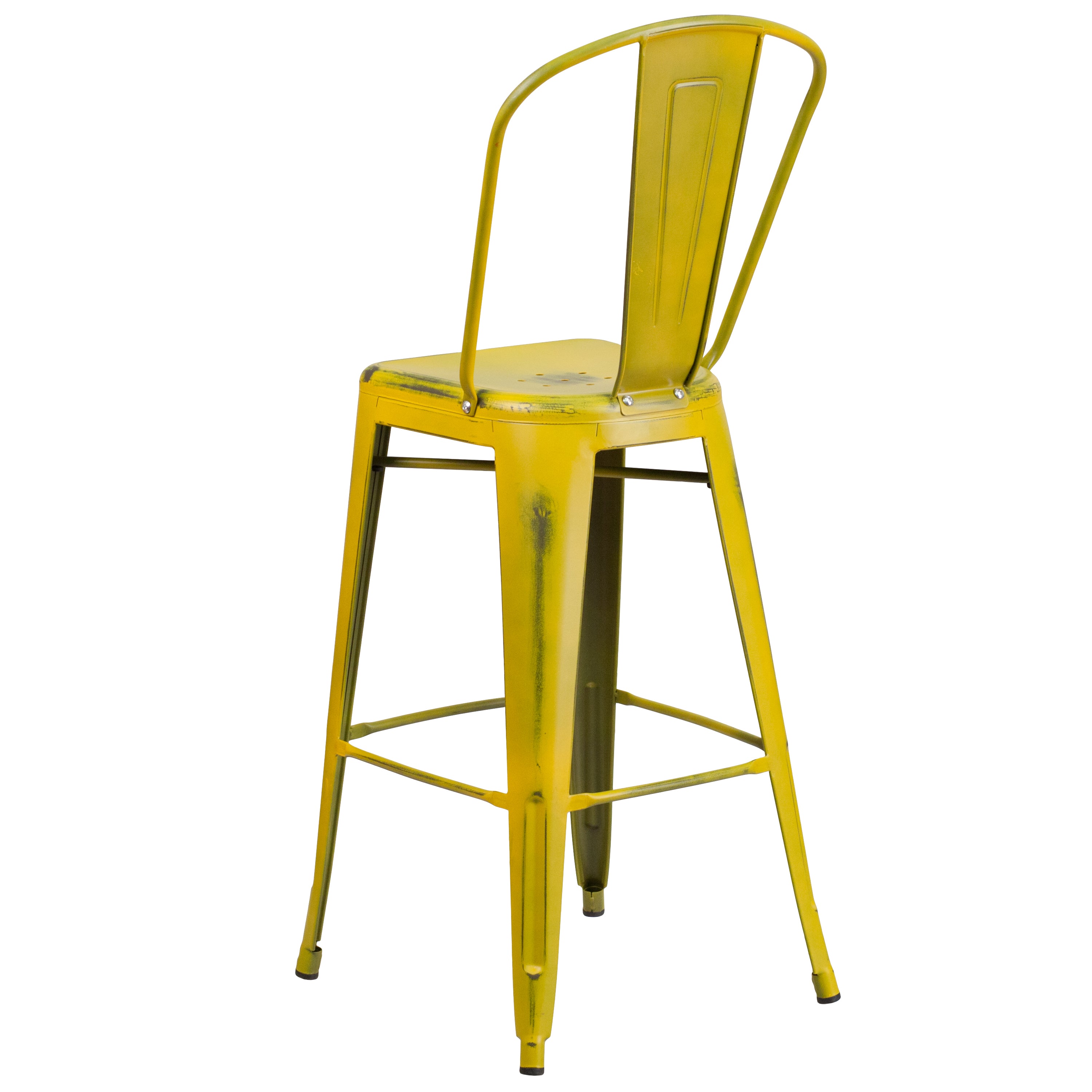 Cindy Commercial Grade 30" High Distressed Yellow Metal Indoor-Outdoor Barstool with Back