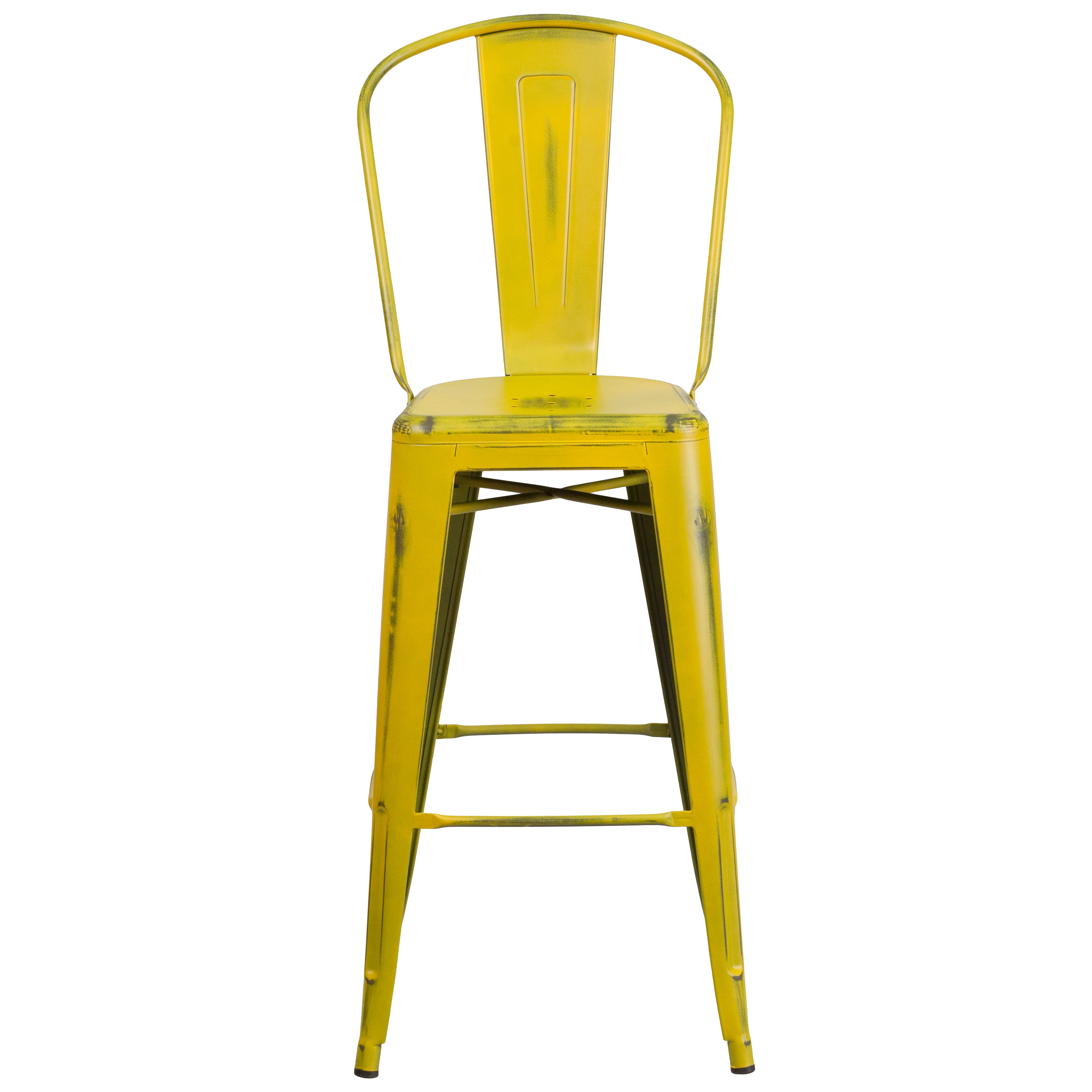 Cindy Commercial Grade 30" High Distressed Yellow Metal Indoor-Outdoor Barstool with Back