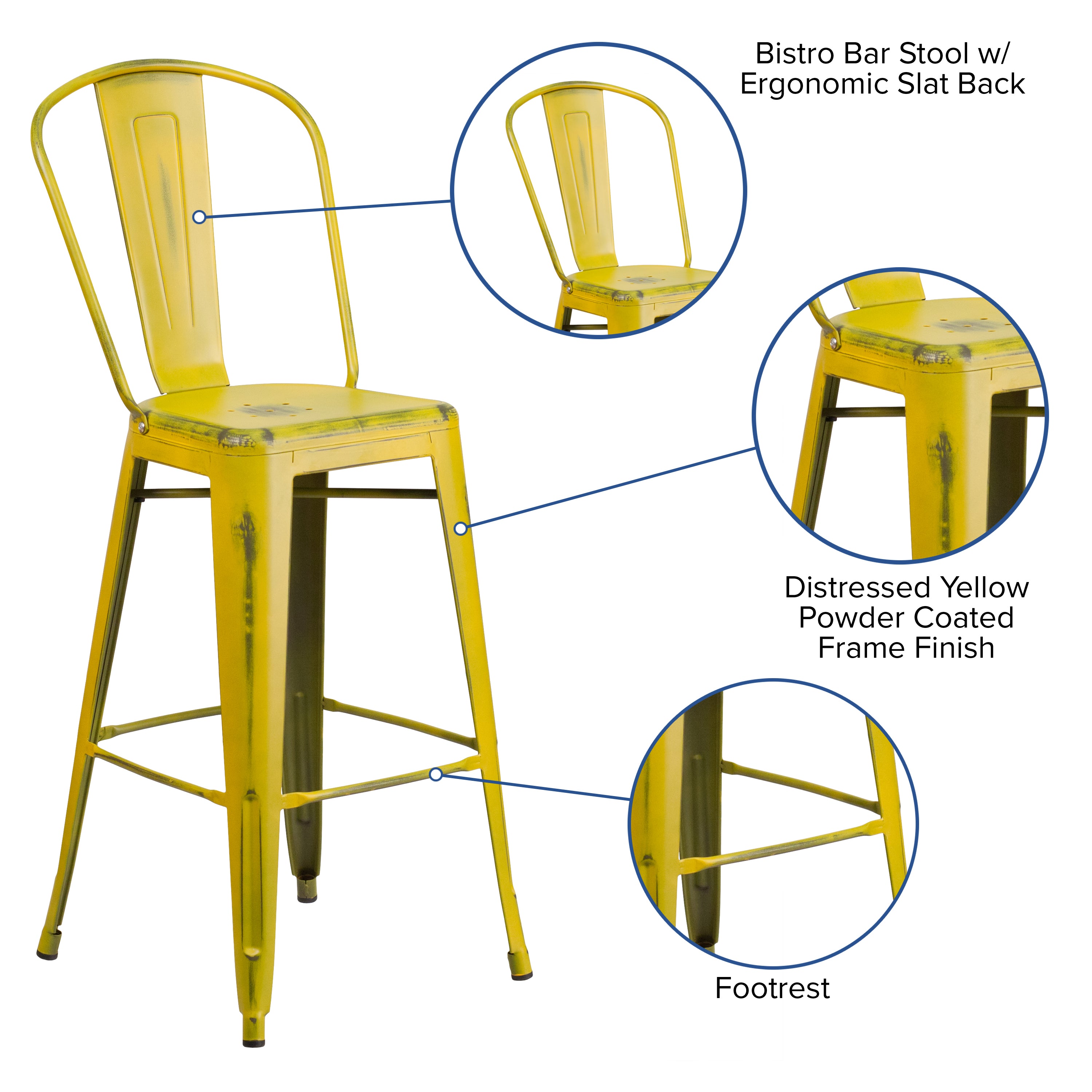 Cindy Commercial Grade 30" High Distressed Yellow Metal Indoor-Outdoor Barstool with Back