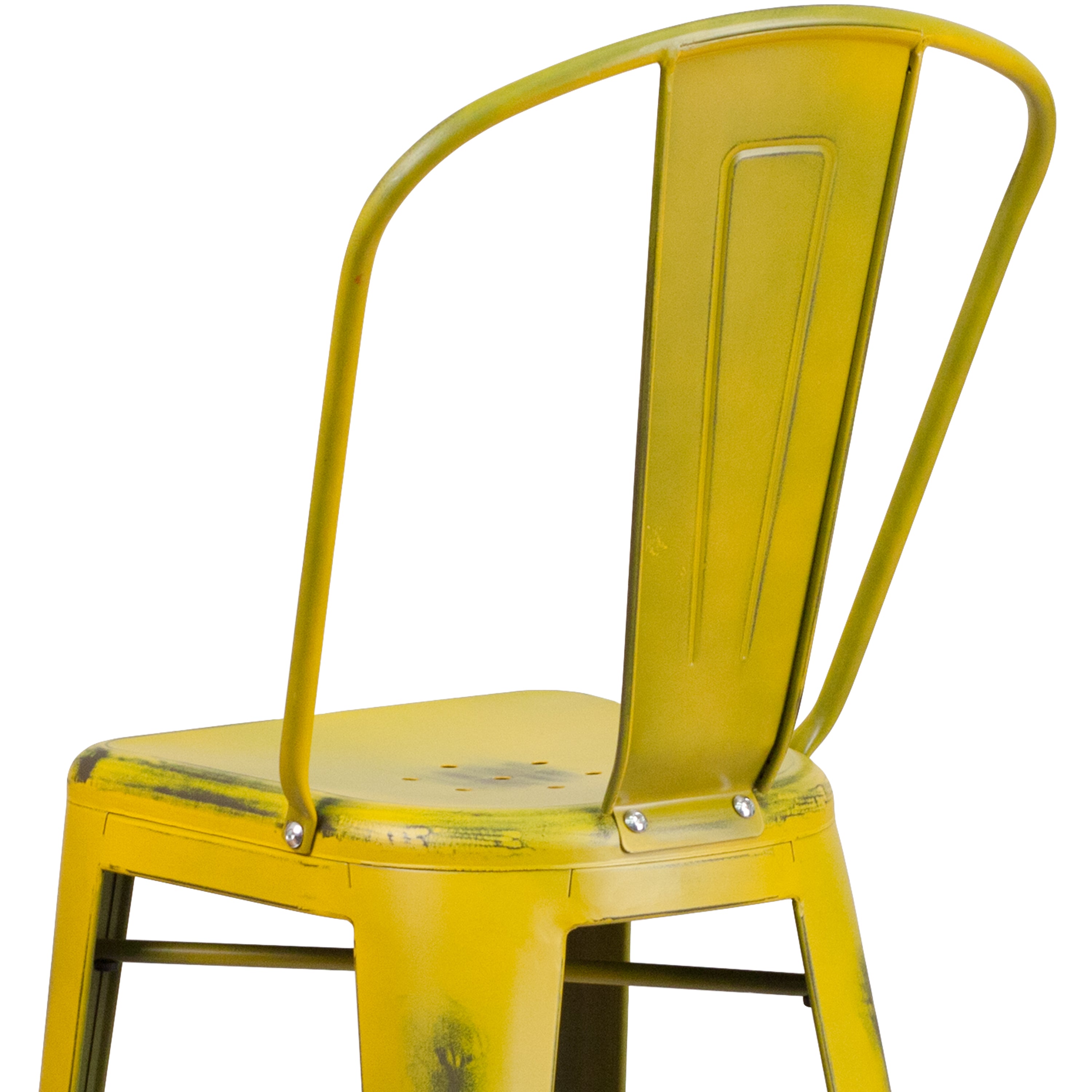 Cindy Commercial Grade 30" High Distressed Yellow Metal Indoor-Outdoor Barstool with Back