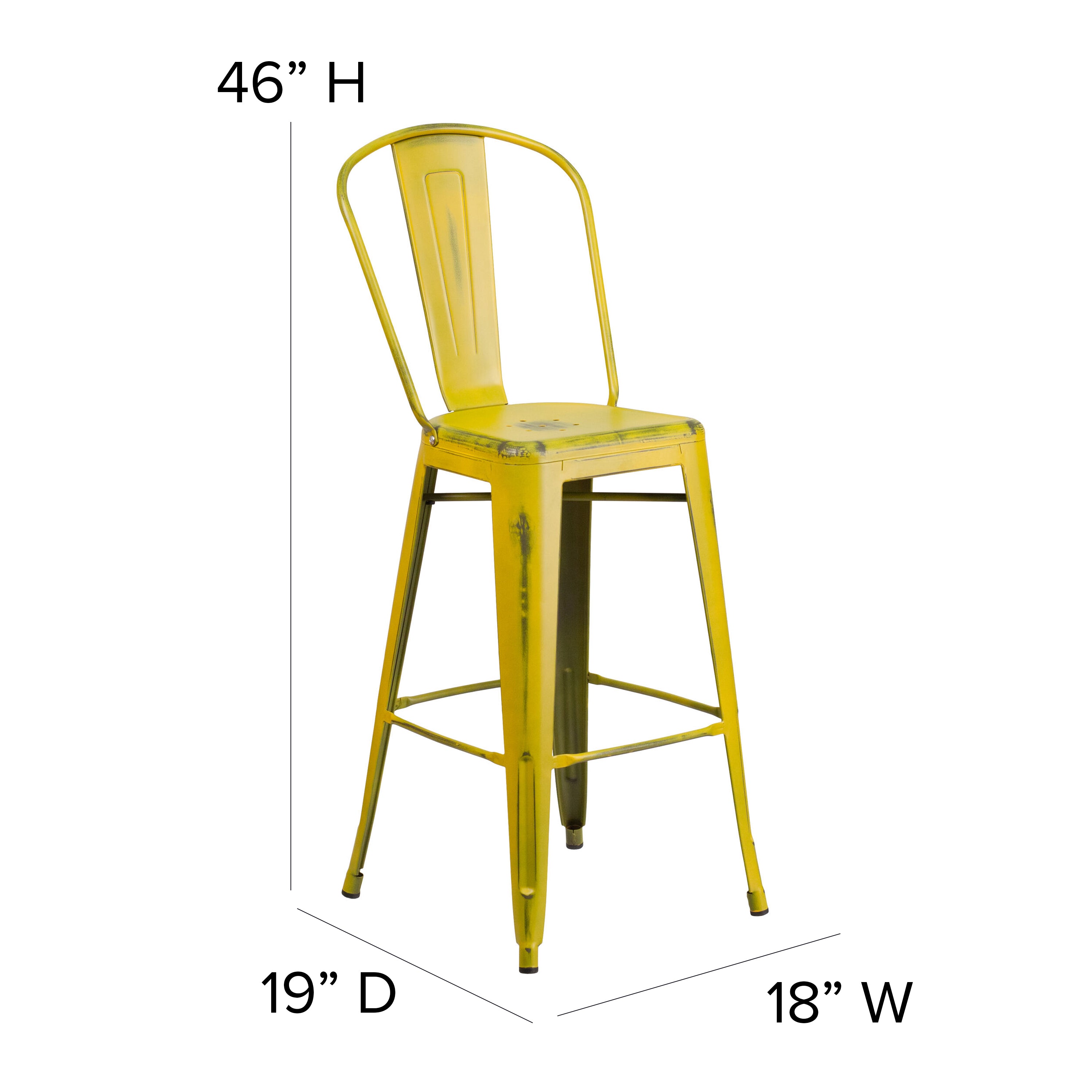 Carly Commercial Grade 30" High Yellow Metal Indoor-Outdoor Barstool with Back with Teak Poly Resin Wood Seat