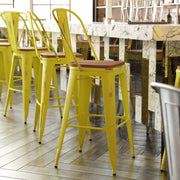 Carly Commercial Grade 30" High Yellow Metal Indoor-Outdoor Barstool with Back with Teak Poly Resin Wood Seat