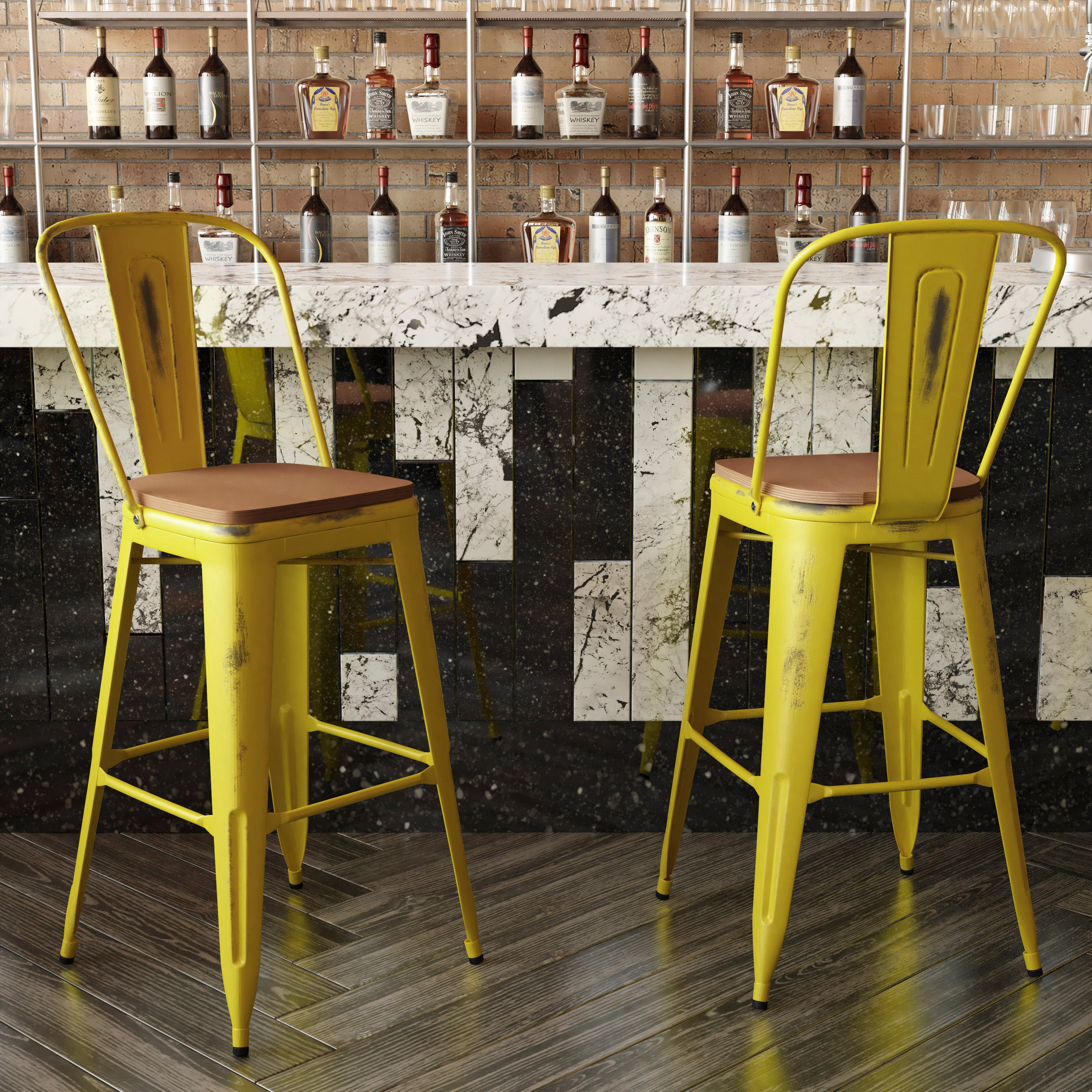 Carly Commercial Grade 30" High Yellow Metal Indoor-Outdoor Barstool with Back with Teak Poly Resin Wood Seat