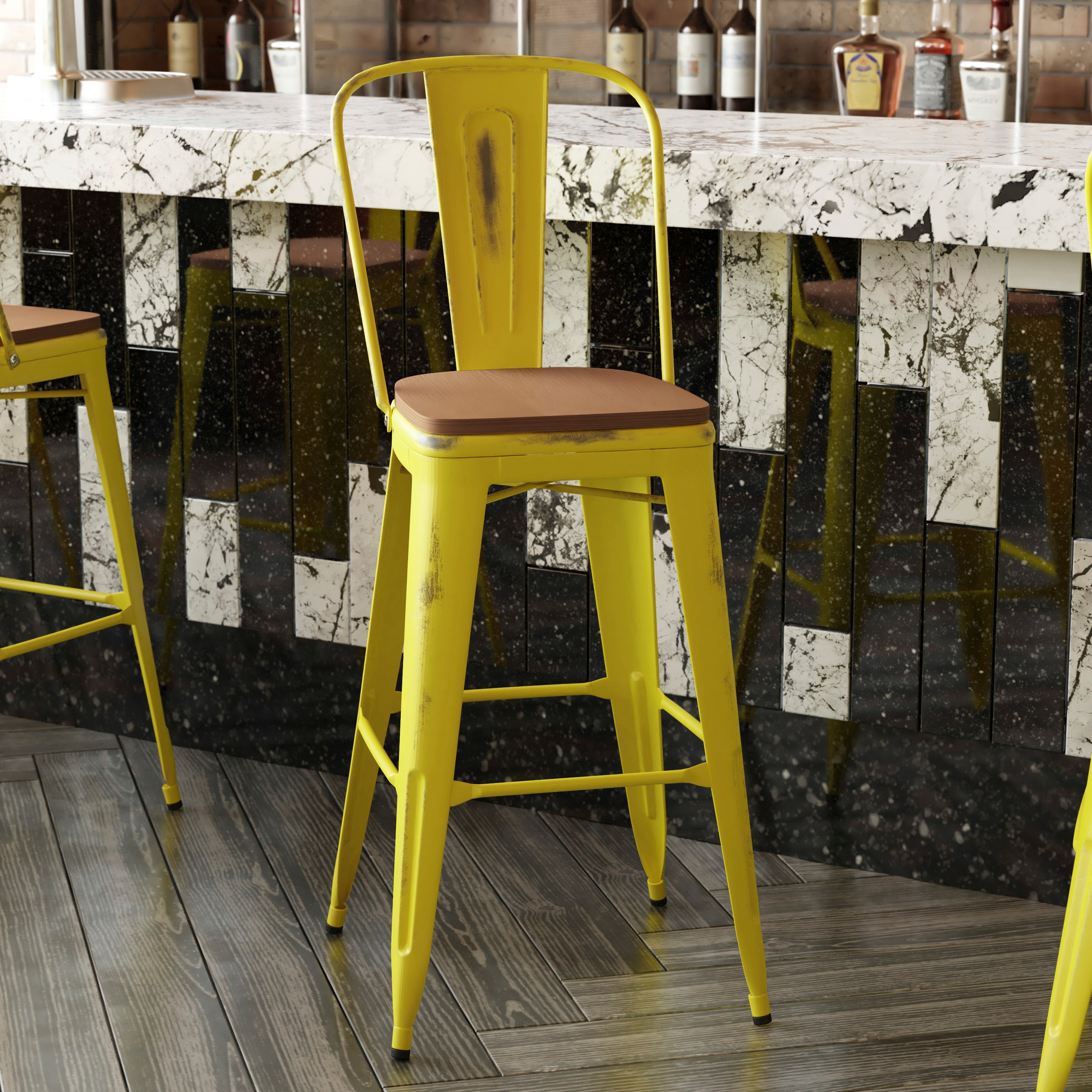 Carly Commercial Grade 30" High Yellow Metal Indoor-Outdoor Barstool with Back with Teak Poly Resin Wood Seat