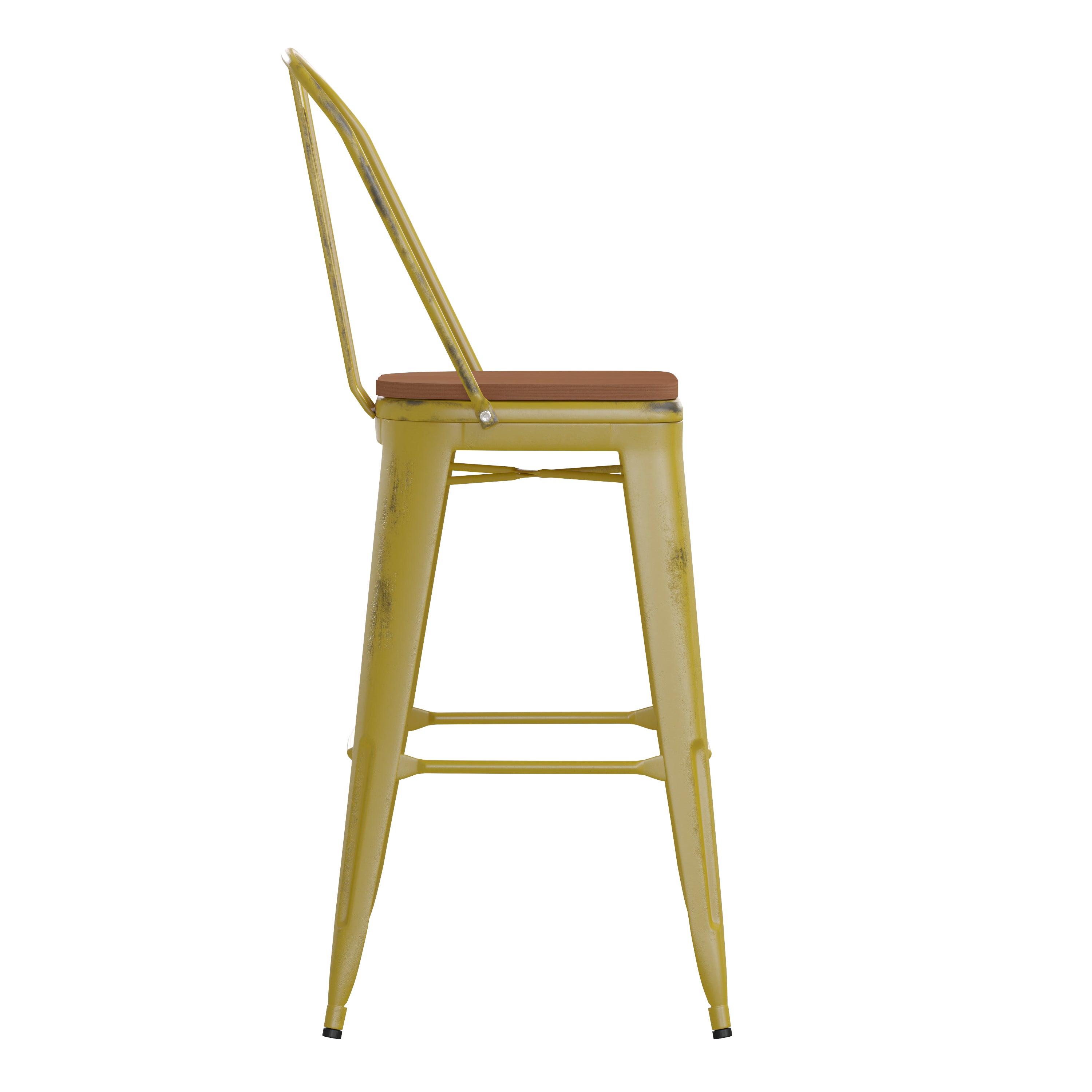 Carly Commercial Grade 30" High Yellow Metal Indoor-Outdoor Barstool with Back with Teak Poly Resin Wood Seat