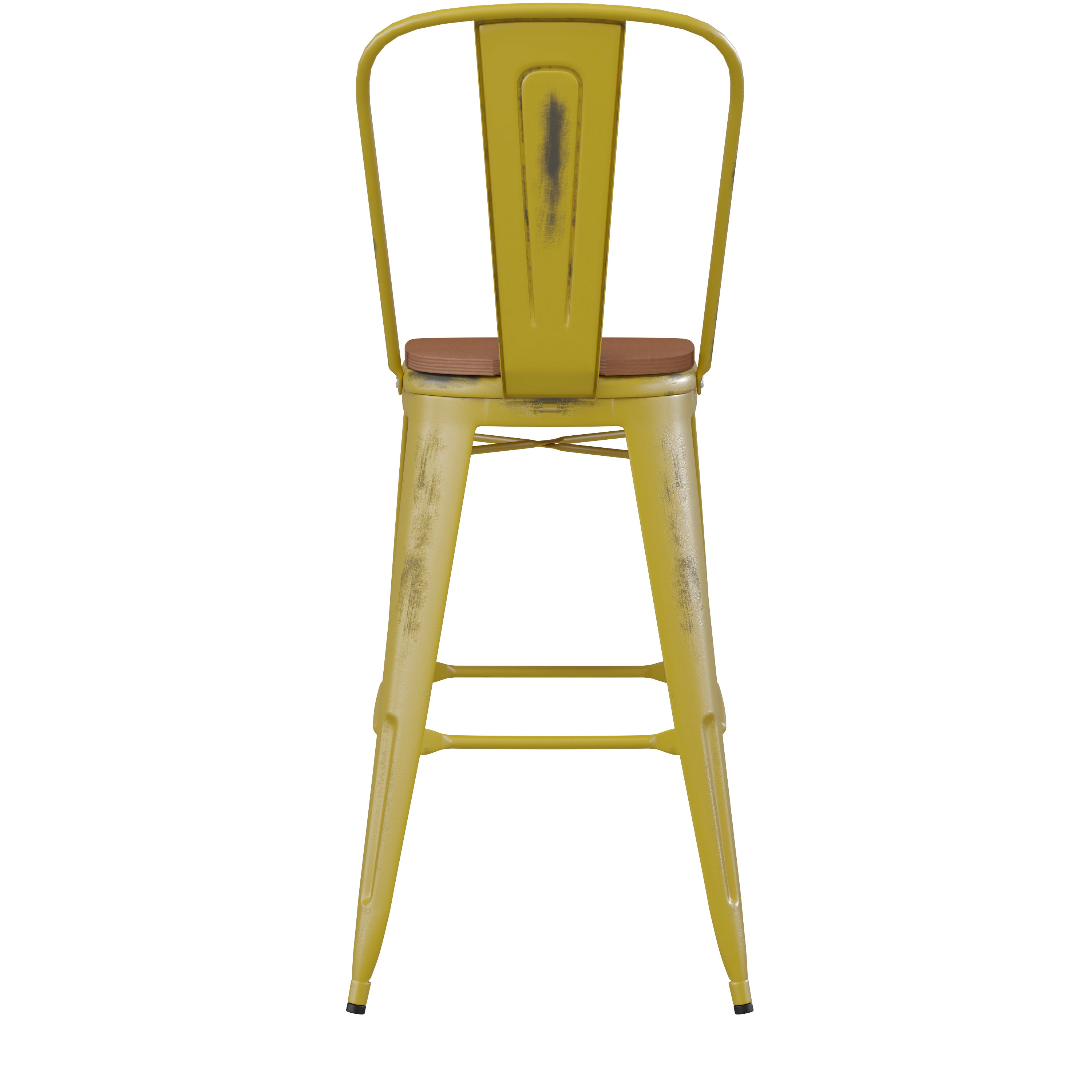 Carly Commercial Grade 30" High Yellow Metal Indoor-Outdoor Barstool with Back with Teak Poly Resin Wood Seat