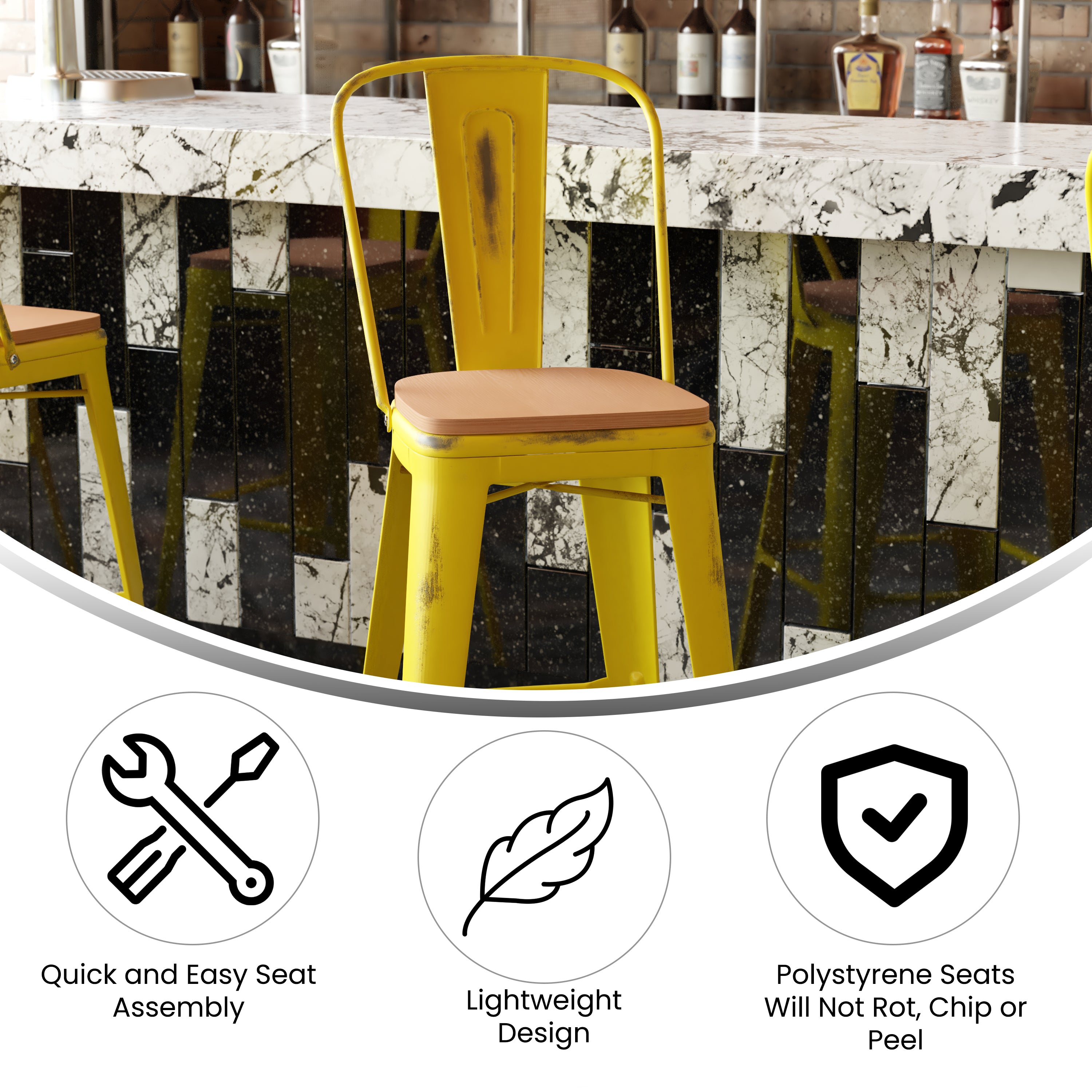 Carly Commercial Grade 30" High Yellow Metal Indoor-Outdoor Barstool with Back with Teak Poly Resin Wood Seat