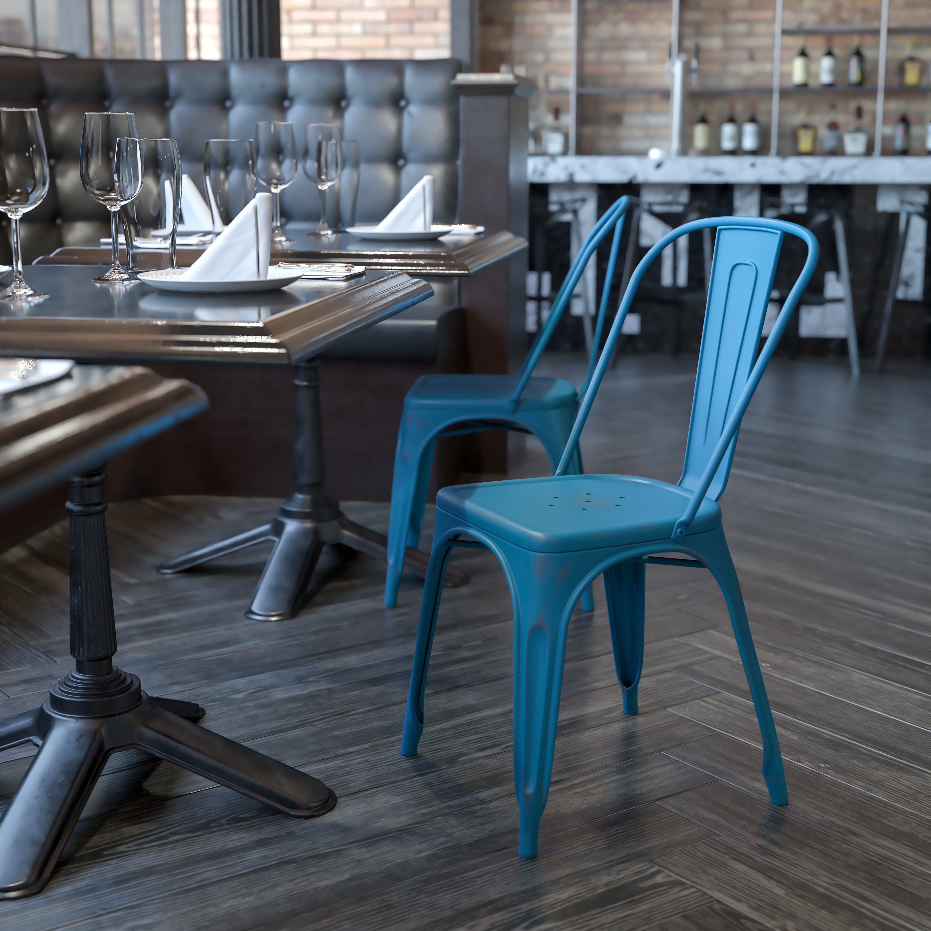 Tenley Commercial Grade Distressed Antique Blue Metal Indoor-Outdoor Stackable Chair