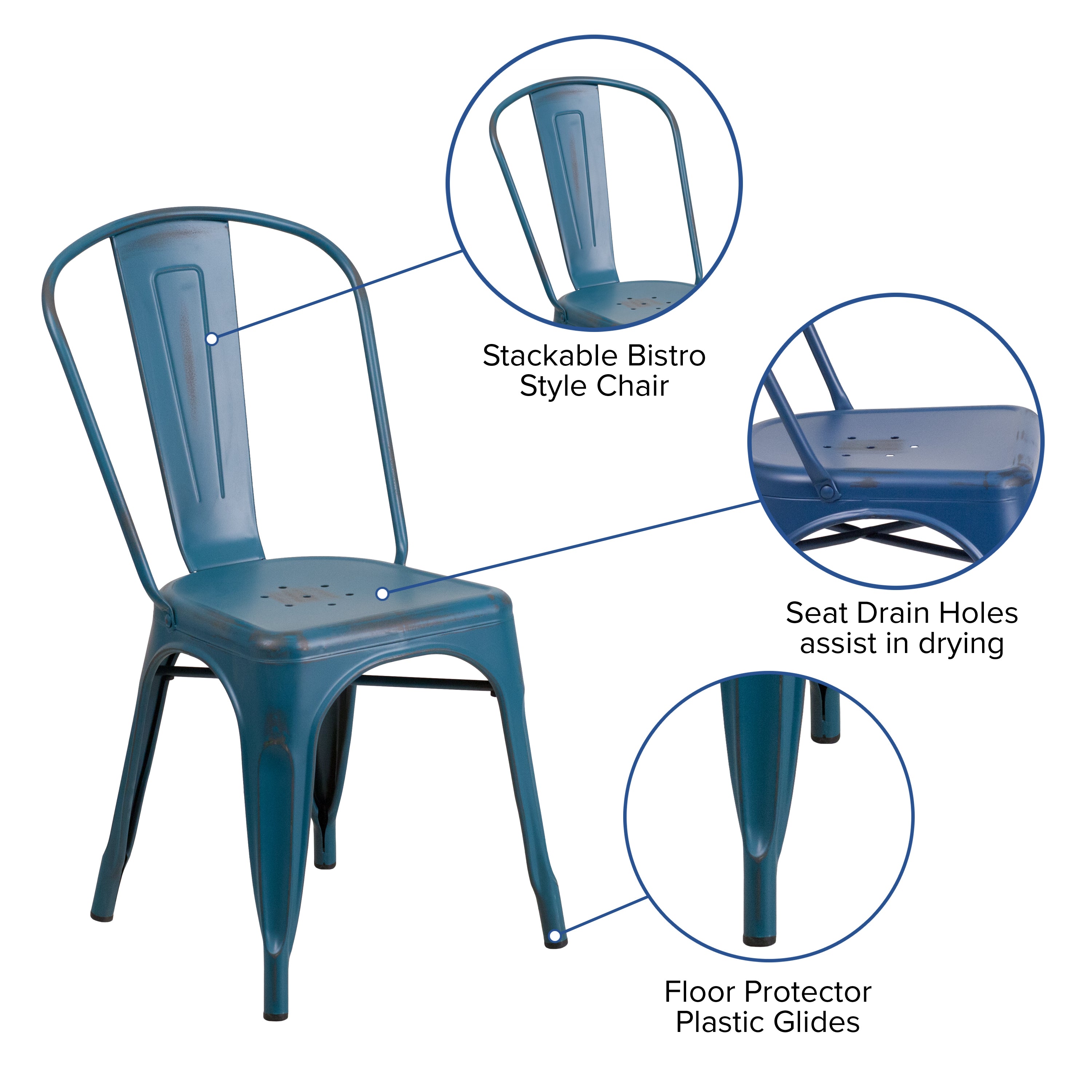 Tenley Commercial Grade Distressed Antique Blue Metal Indoor-Outdoor Stackable Chair