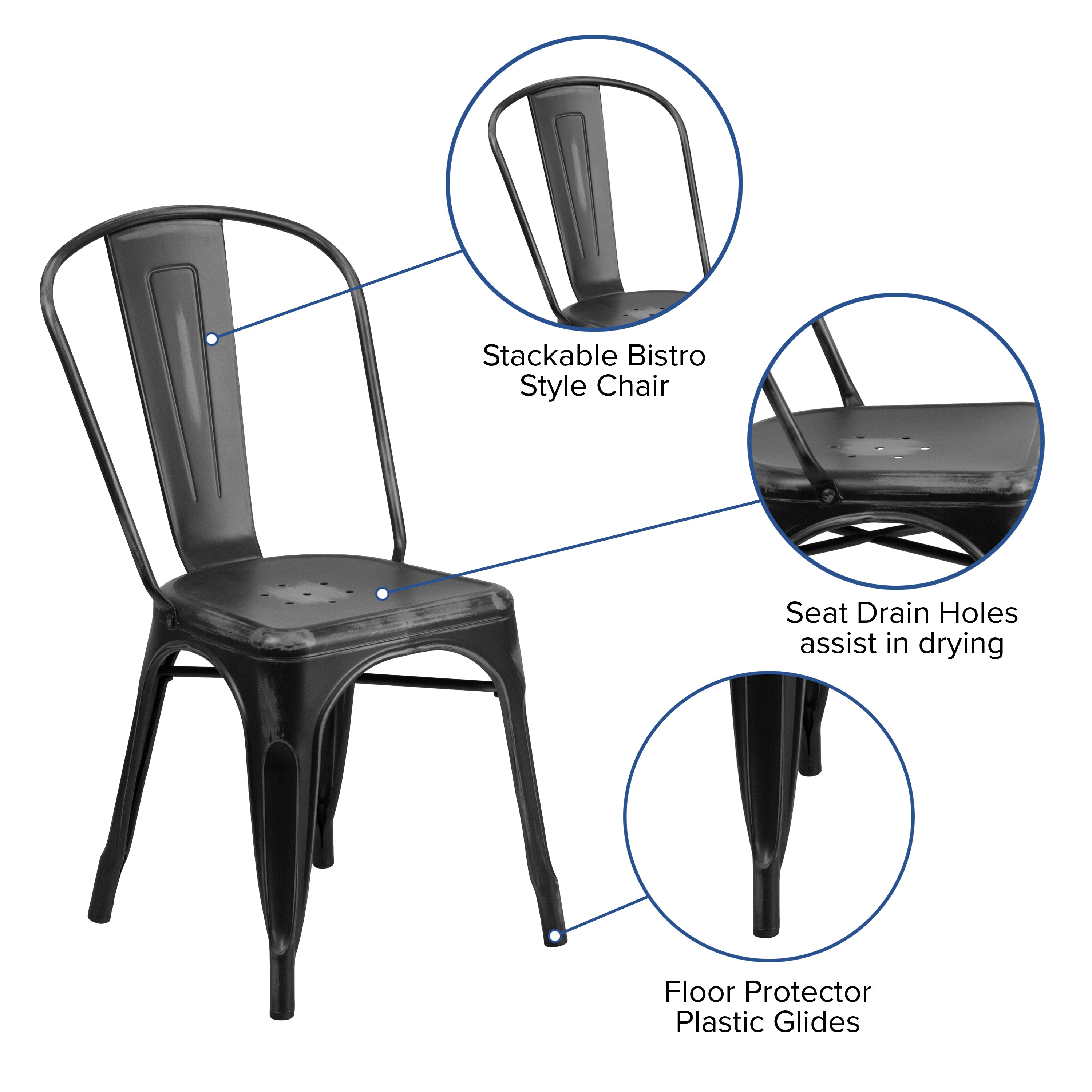 Tenley Commercial Grade Distressed Black Metal Indoor-Outdoor Stackable Chair