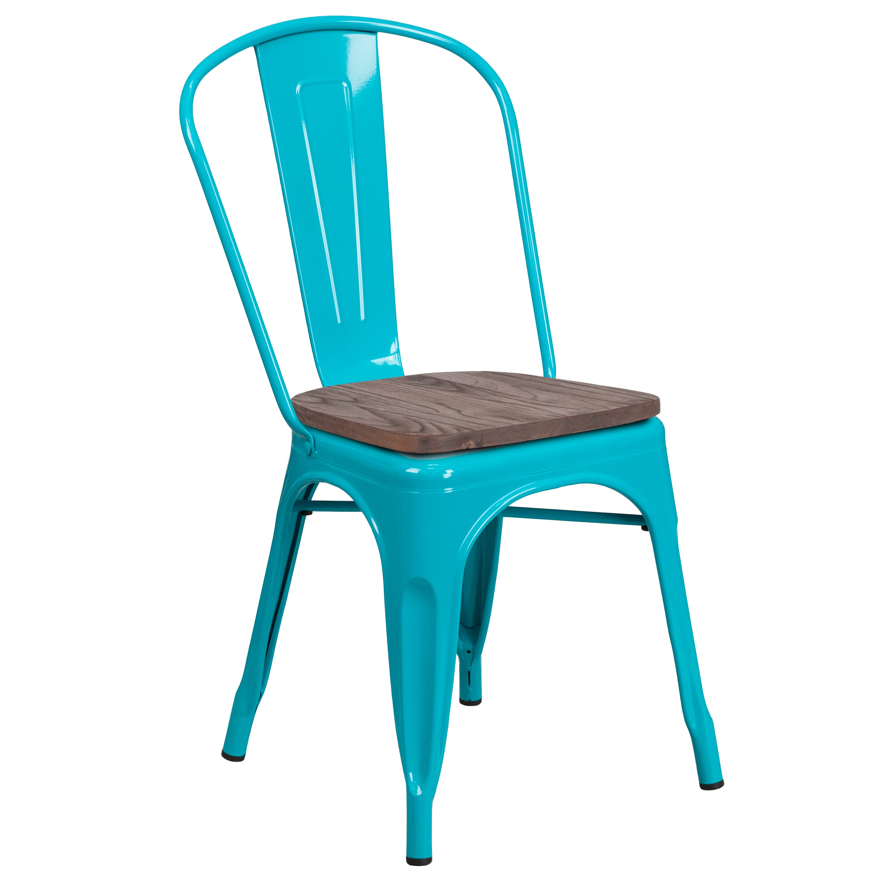 Tenley Crystal Teal-Blue Metal Stackable Chair with Wood Seat