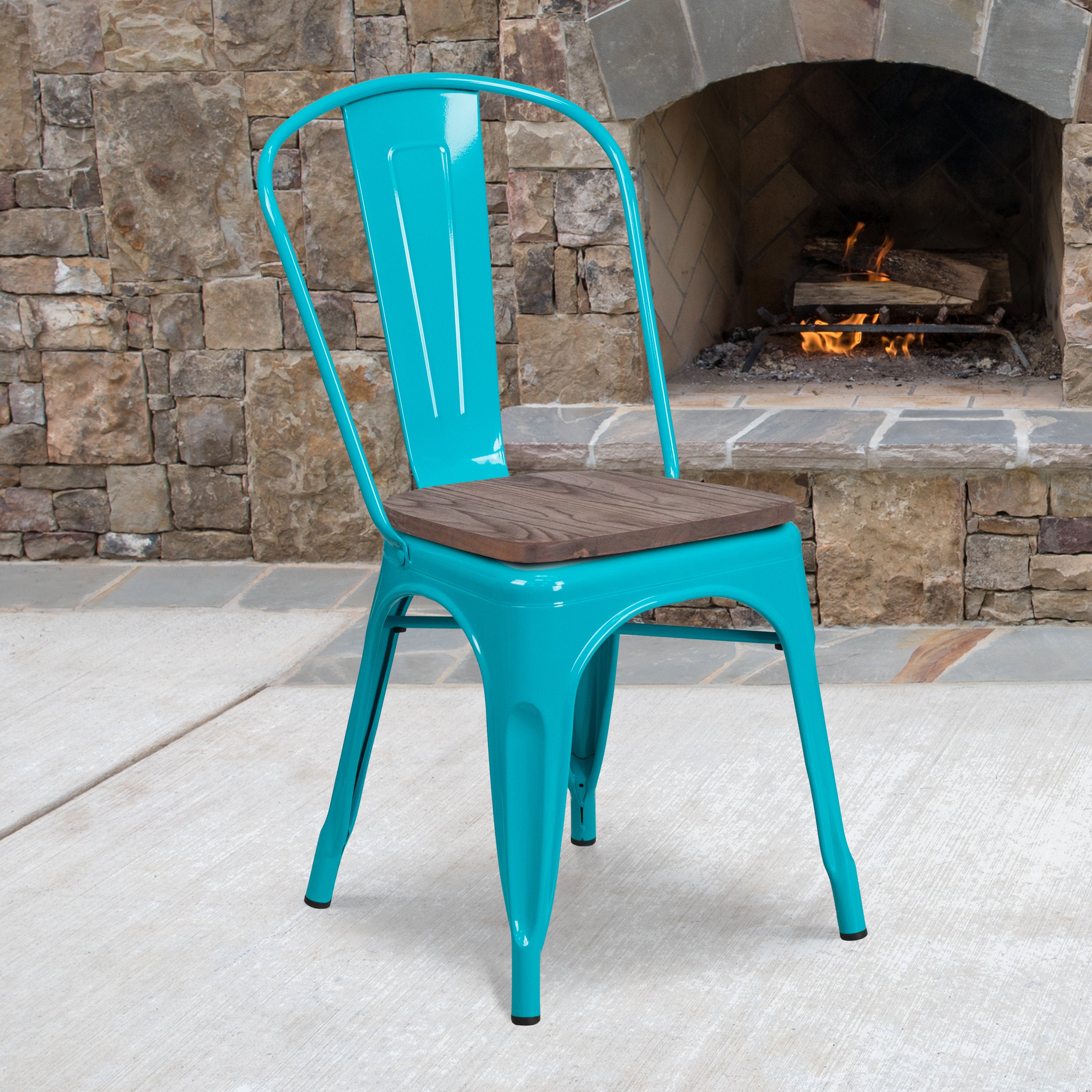 Tenley Crystal Teal-Blue Metal Stackable Chair with Wood Seat