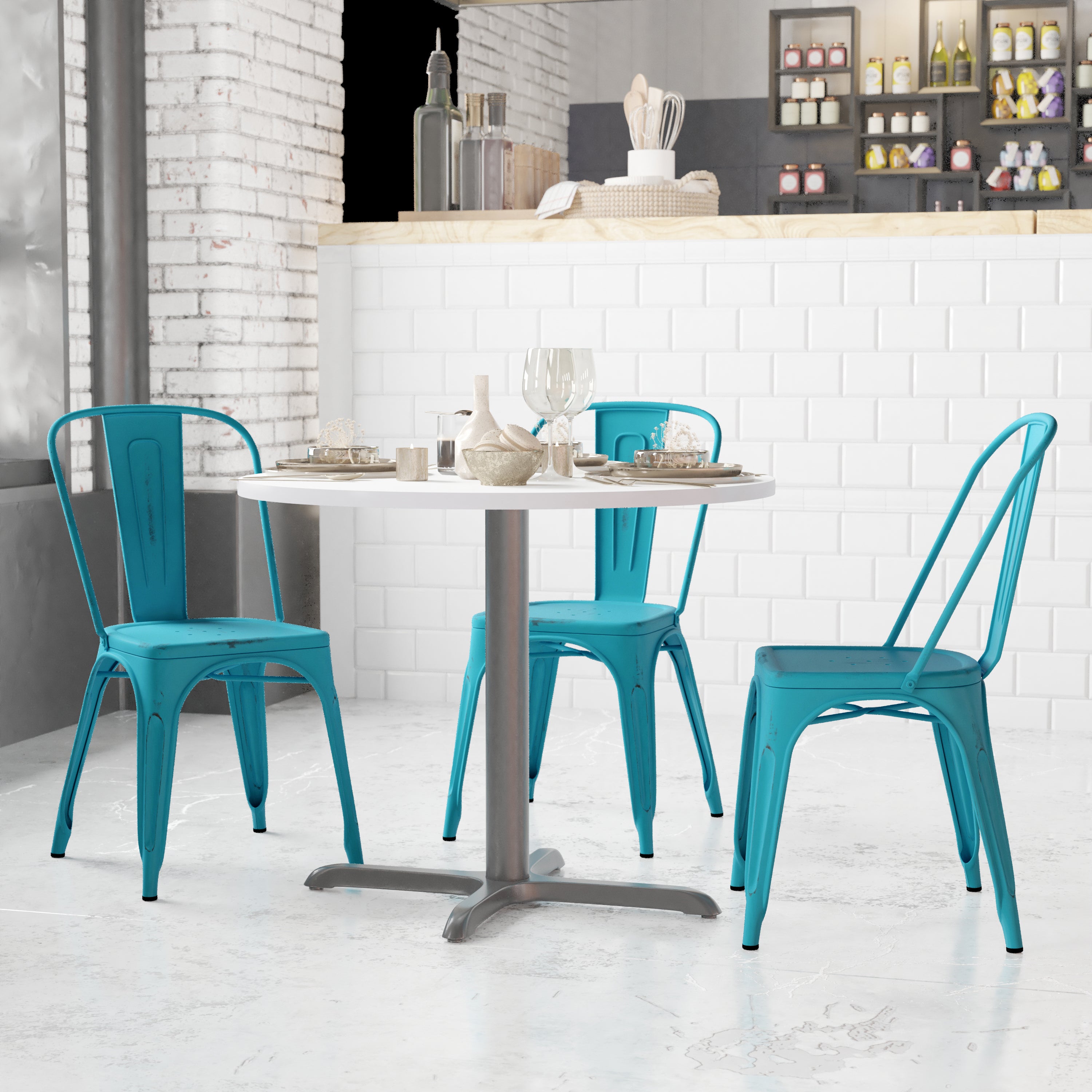 Tenley Commercial Grade Distressed Blue Metal Indoor-Outdoor Stackable Chair