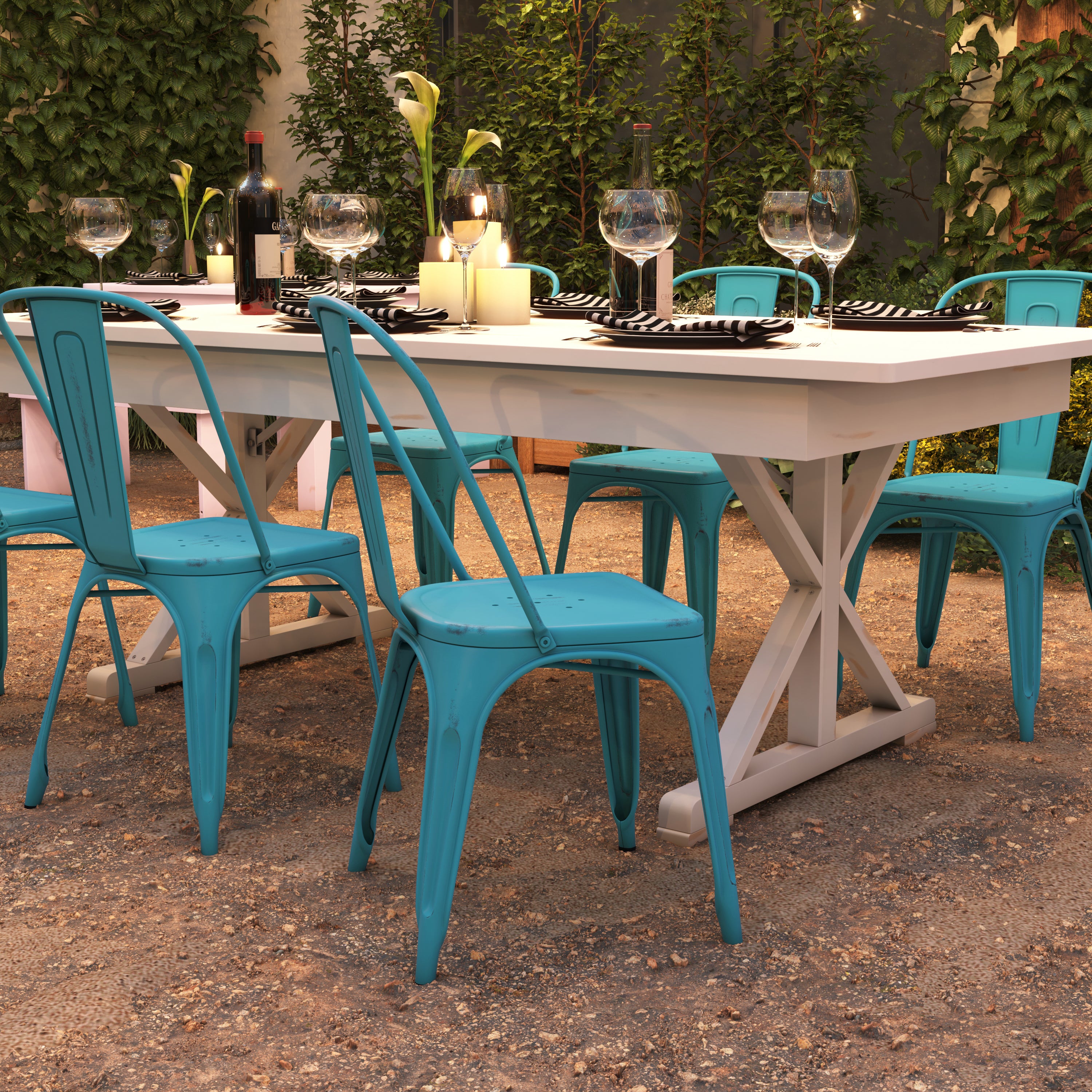 Tenley Commercial Grade Distressed Blue Metal Indoor-Outdoor Stackable Chair