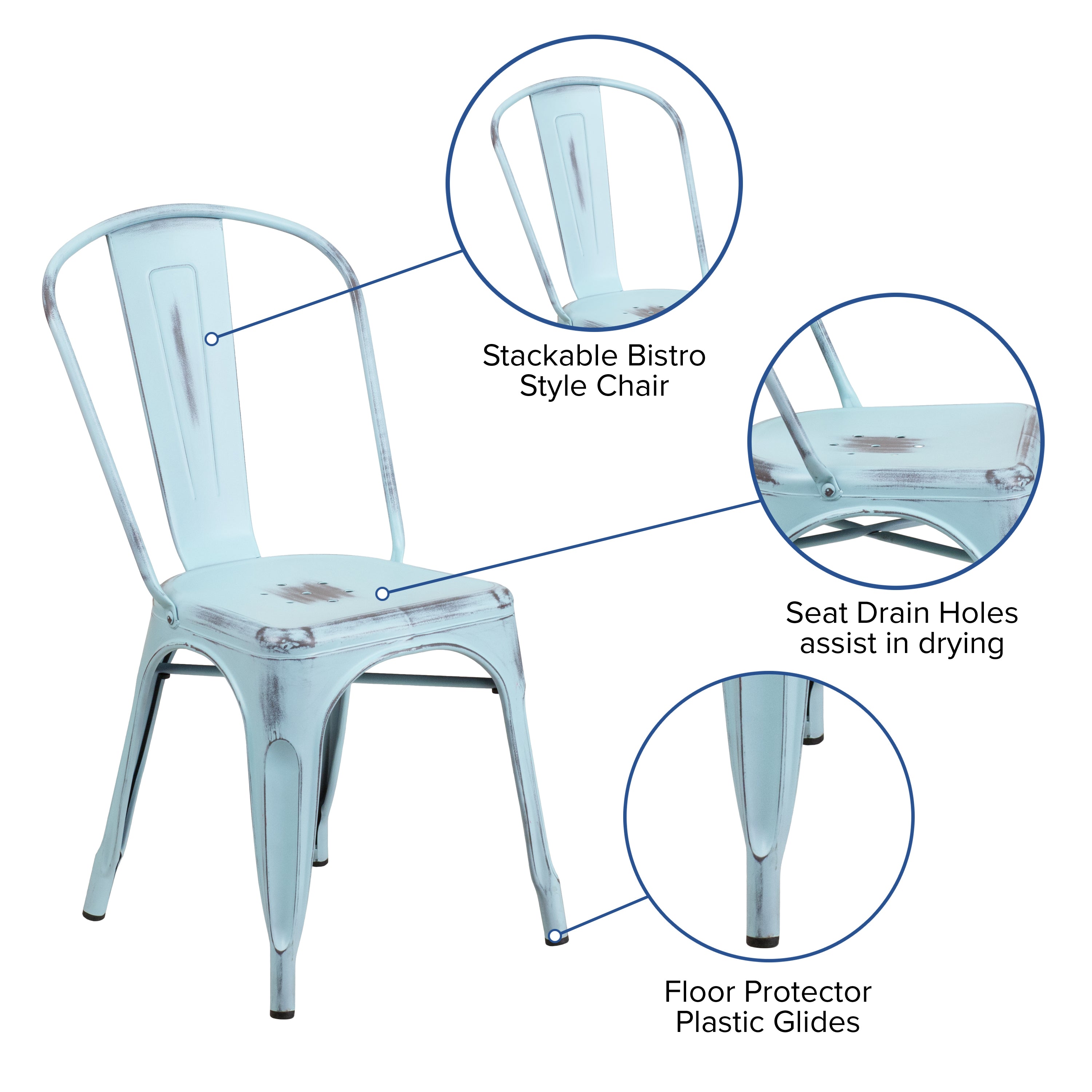Tenley Commercial Grade Distressed Green-Blue Metal Indoor-Outdoor Stackable Chair