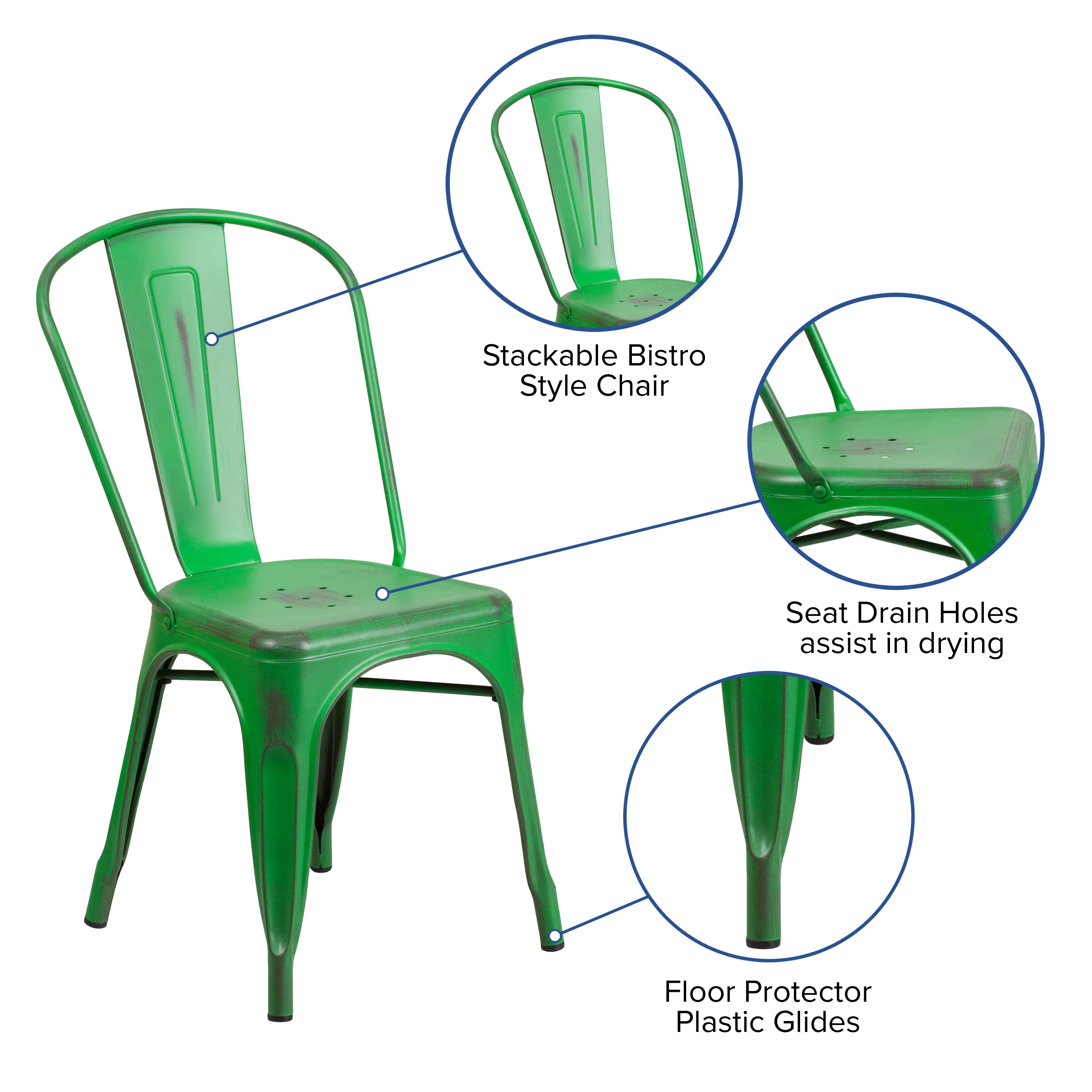 Tenley Commercial Grade Distressed Green Metal Indoor-Outdoor Stackable Chair