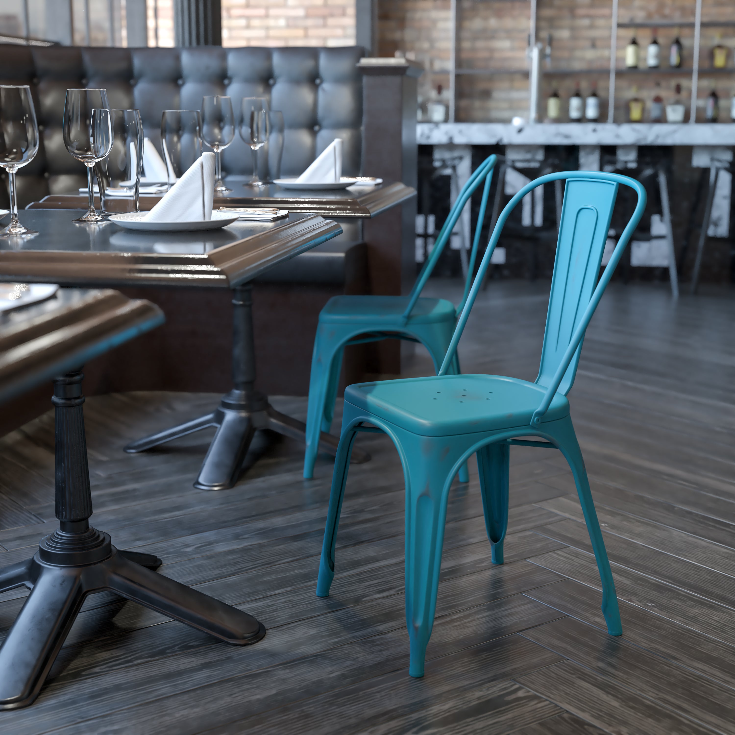 Tenley Commercial Grade Distressed Kelly Blue-Teal Metal Indoor-Outdoor Stackable Chair