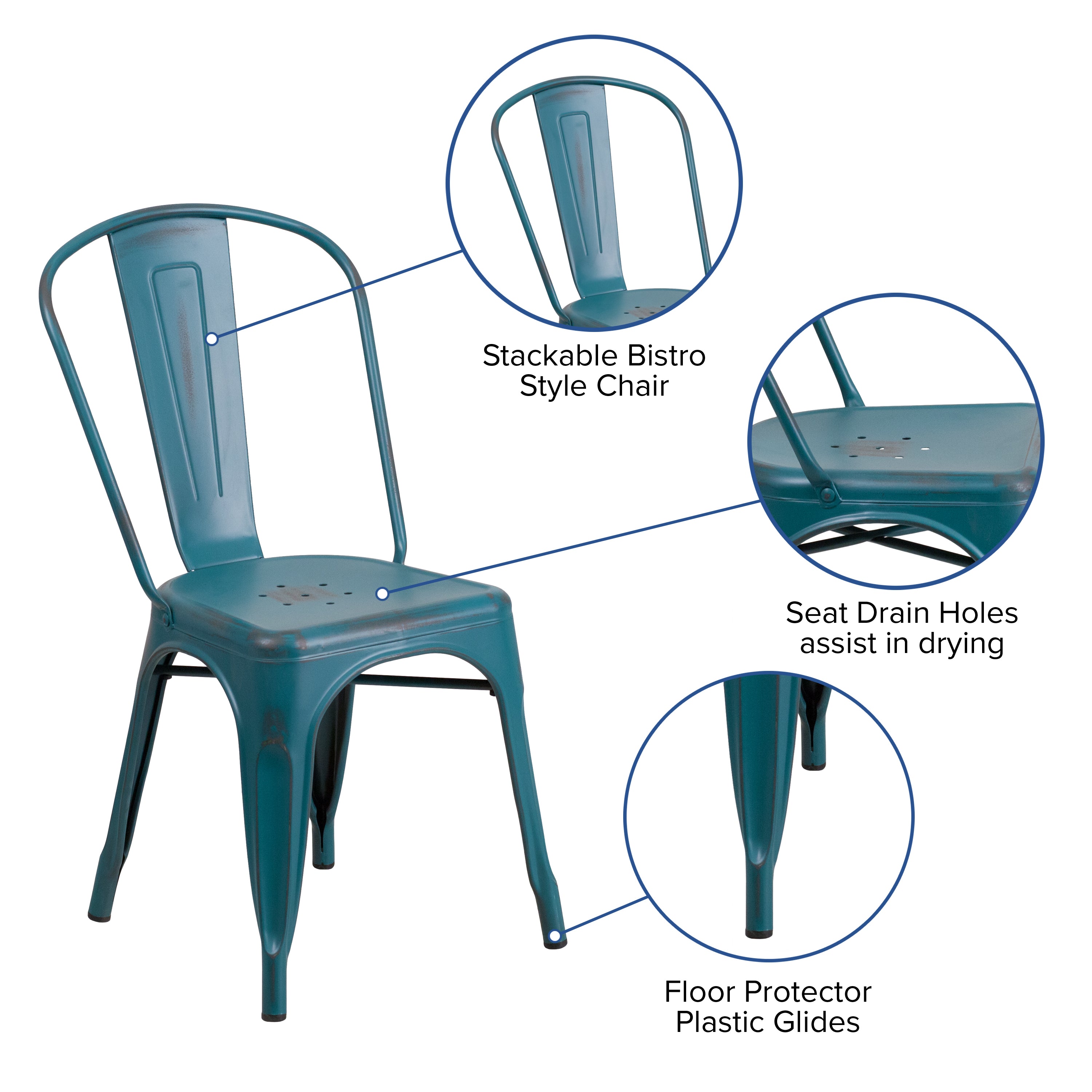 Tenley Commercial Grade Distressed Kelly Blue-Teal Metal Indoor-Outdoor Stackable Chair