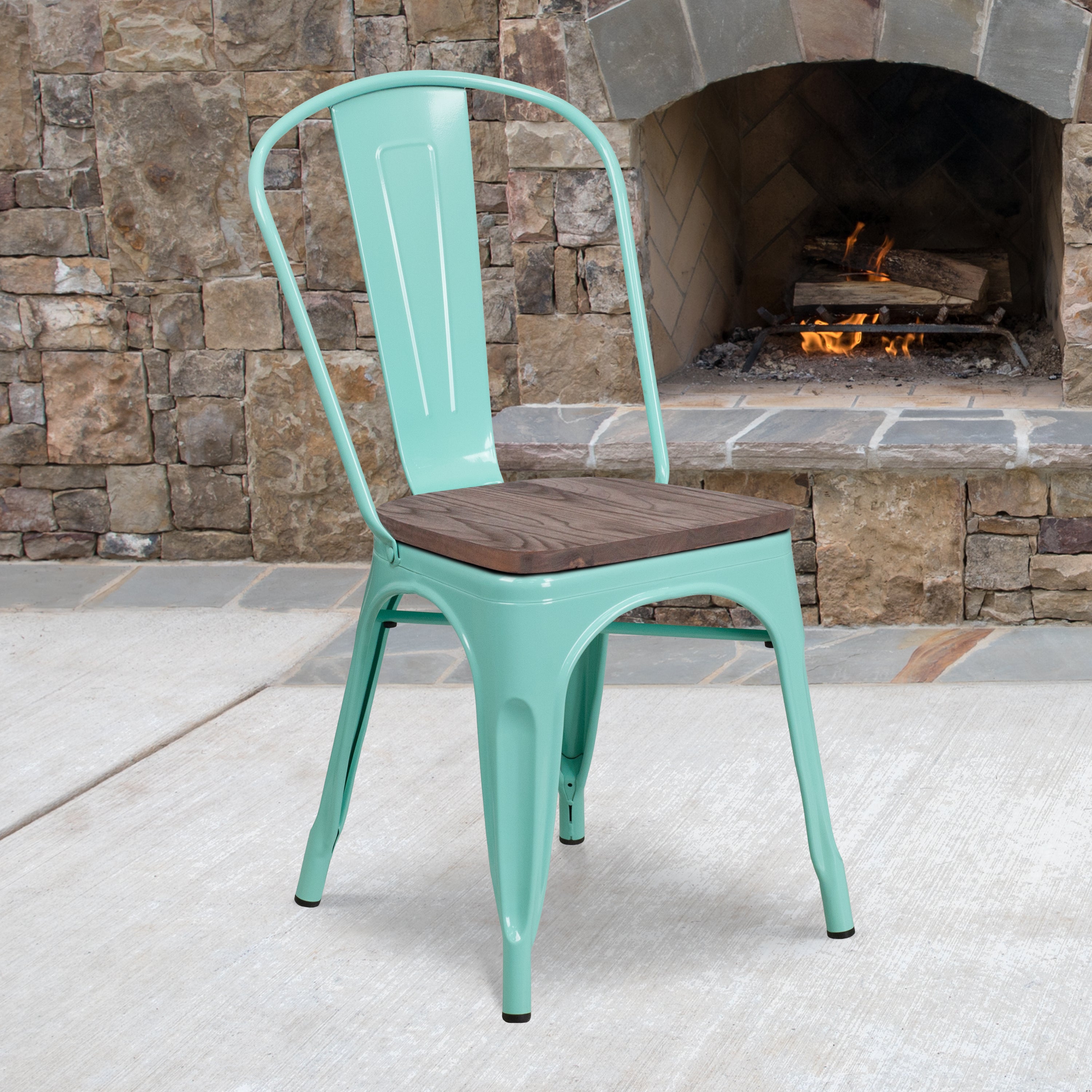 Tenley Mint Green Metal Stackable Chair with Wood Seat