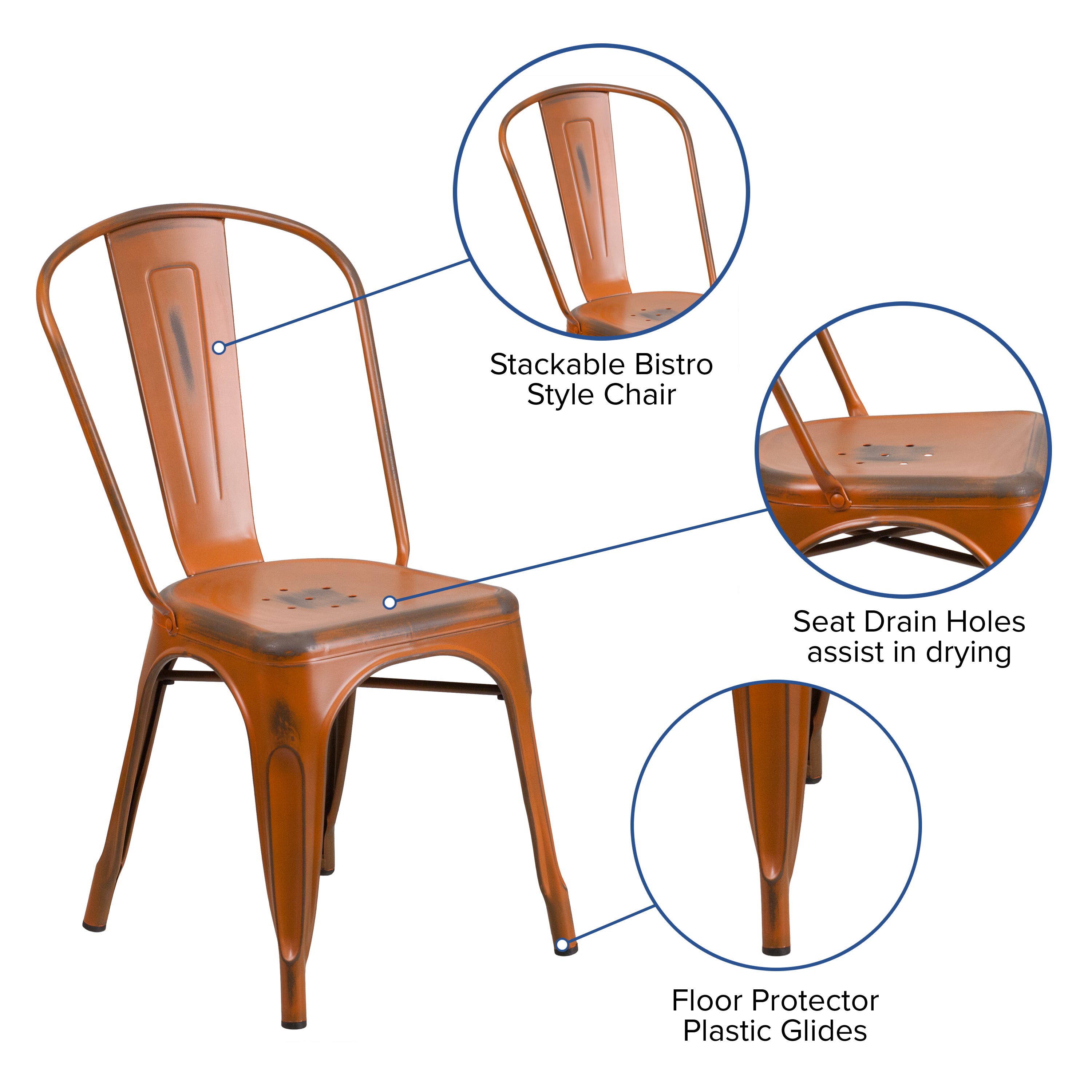 Tenley Commercial Grade Distressed Orange Metal Indoor-Outdoor Stackable Chair