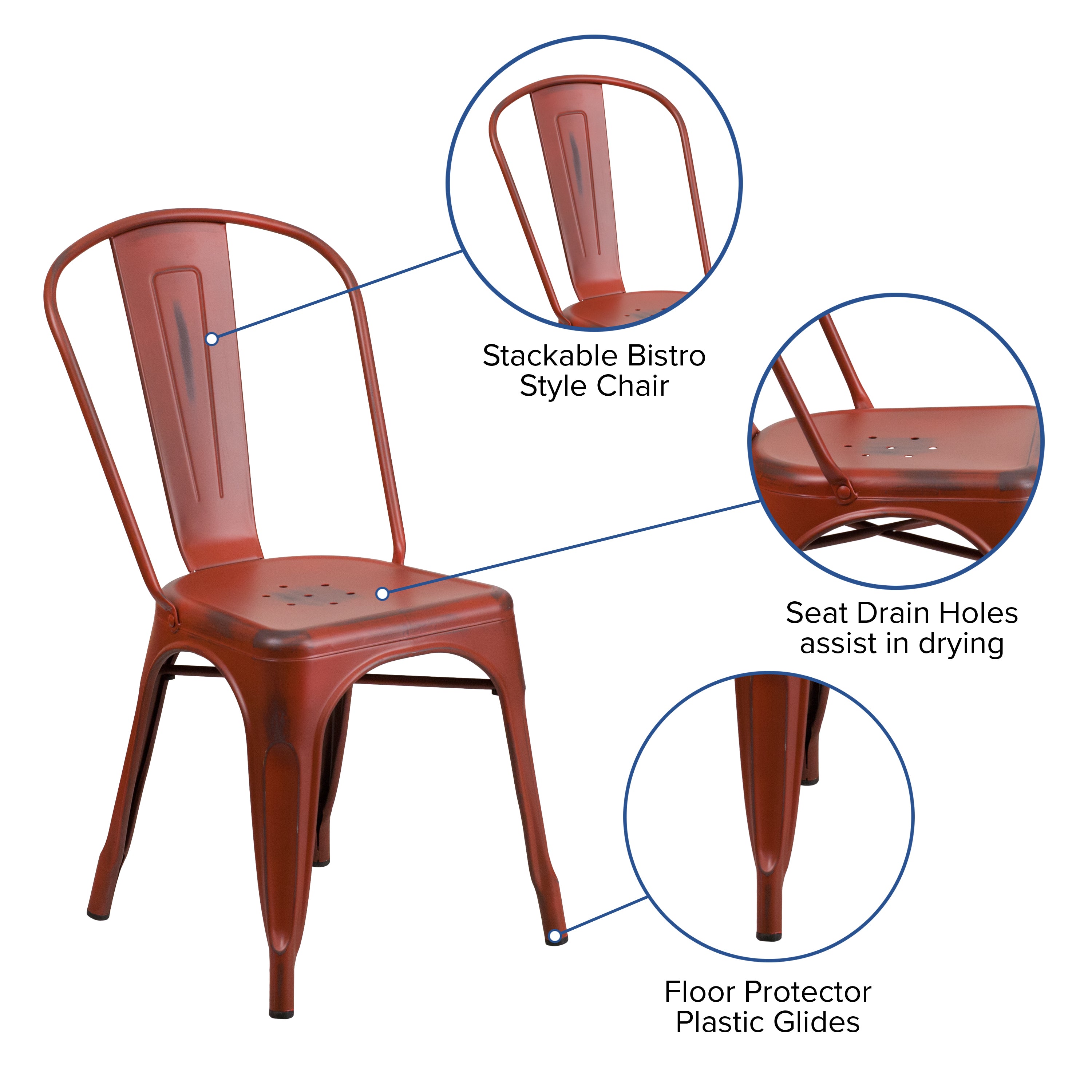 Tenley Commercial Grade Distressed Kelly Red Metal Indoor-Outdoor Stackable Chair