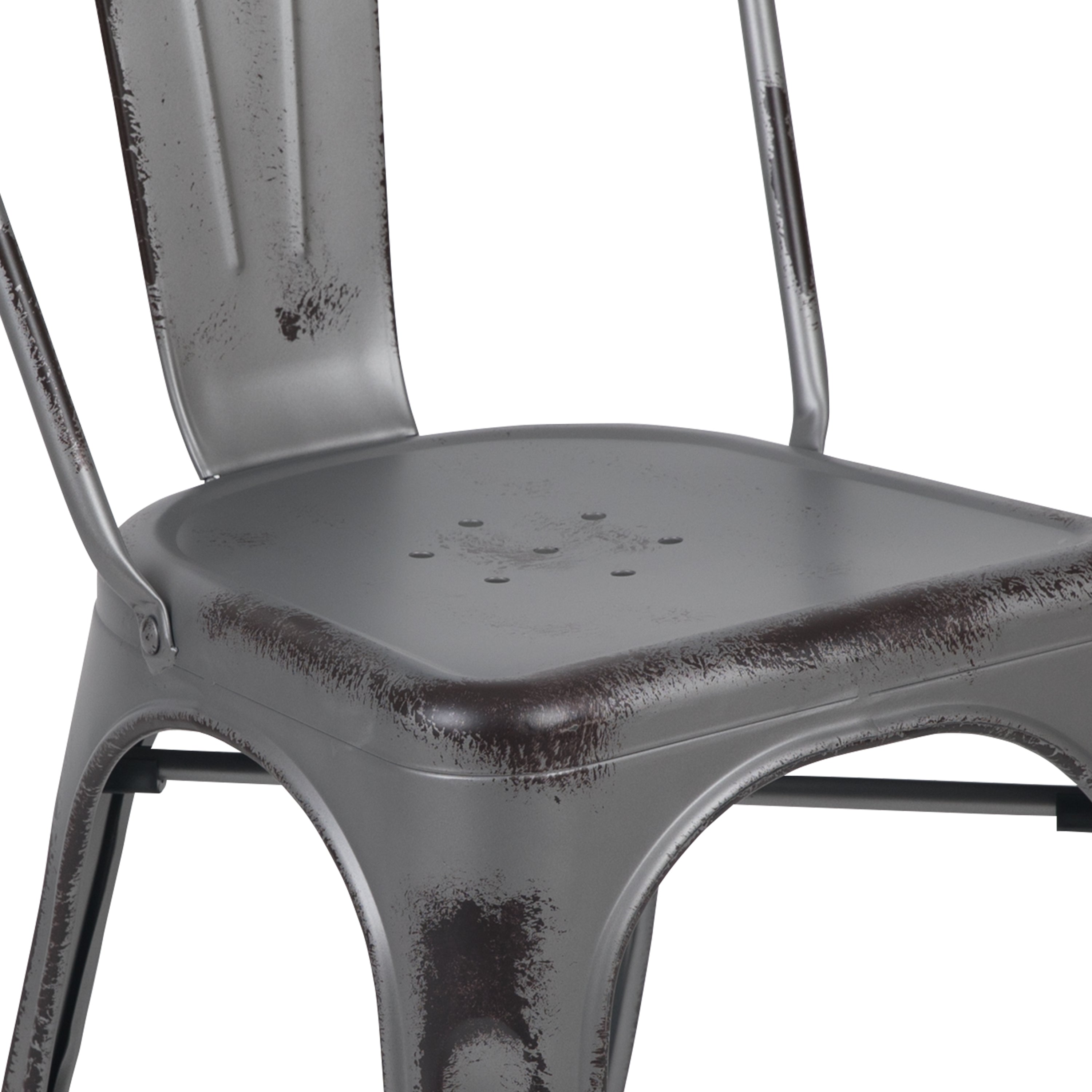 Tenley Commercial Grade Distressed Silver Gray Metal Indoor-Outdoor Stackable Chair