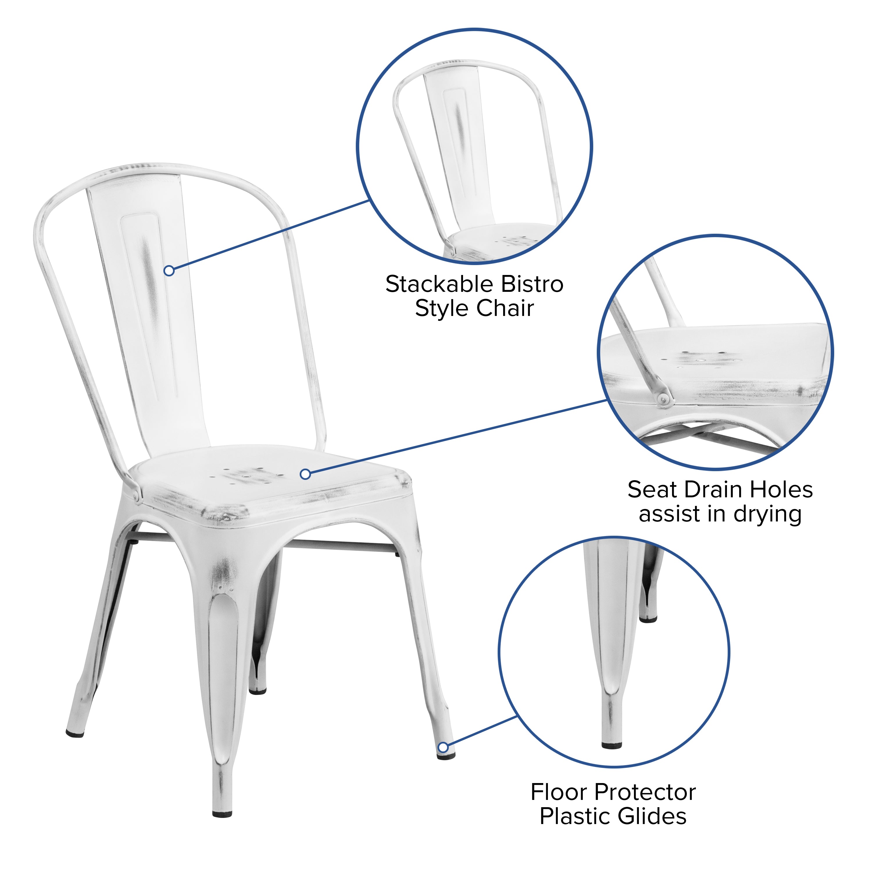 Tenley Commercial Grade Distressed White Metal Indoor-Outdoor Stackable Chair