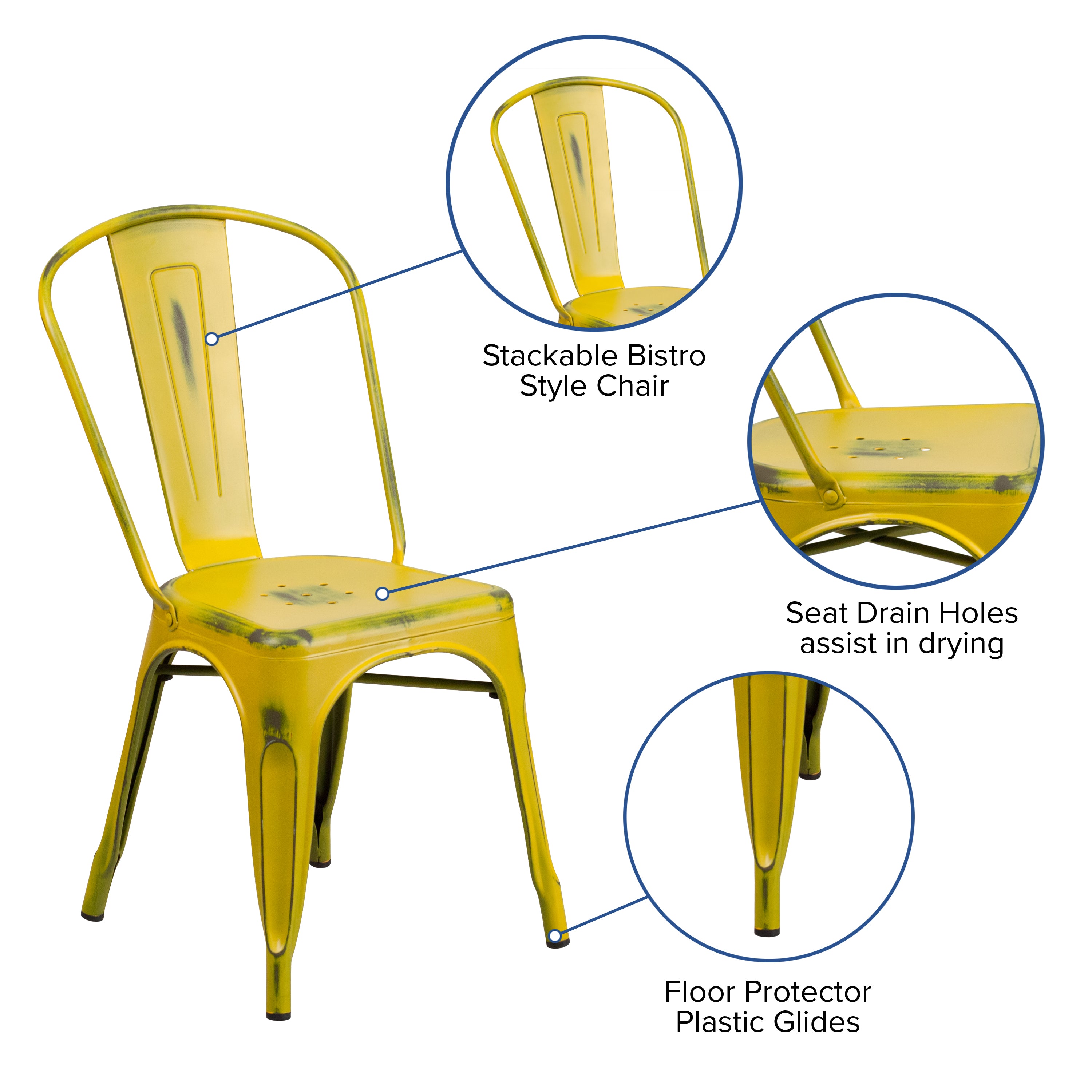 Tenley Commercial Grade Distressed Yellow Metal Indoor-Outdoor Stackable Chair